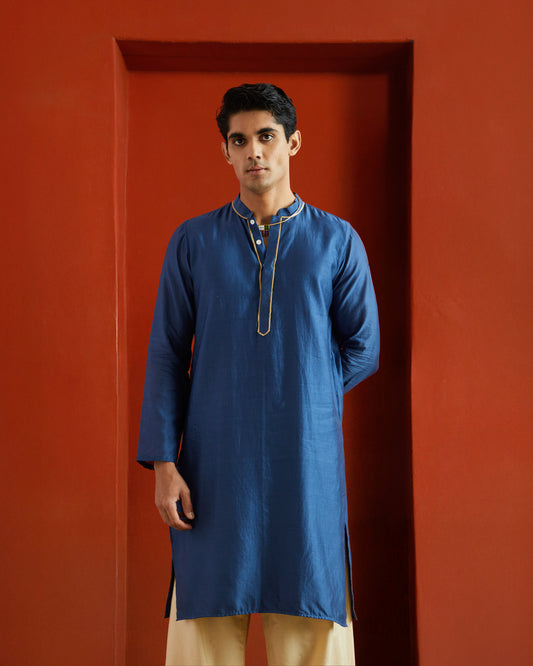 Blue Pure Chanderi Kurta With Gold Piping On Hidden Placket