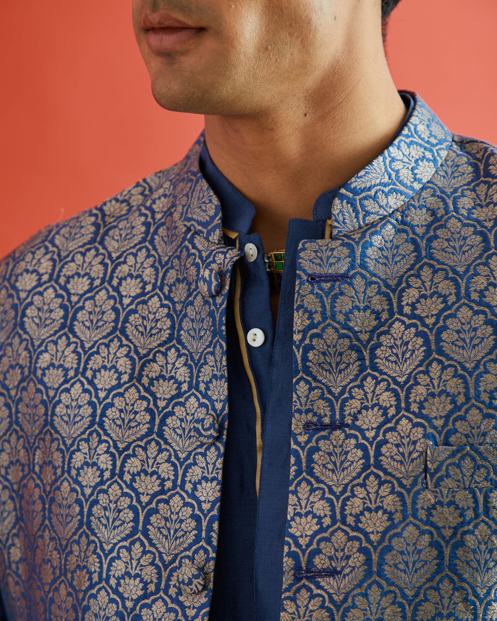 Blue Pure Katan Silk Brocade Floral Motif Bandi- Blue Hue