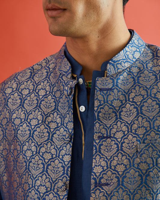 Blue Pure Katan Silk Brocade Floral Motif Bandi- Blue Hue