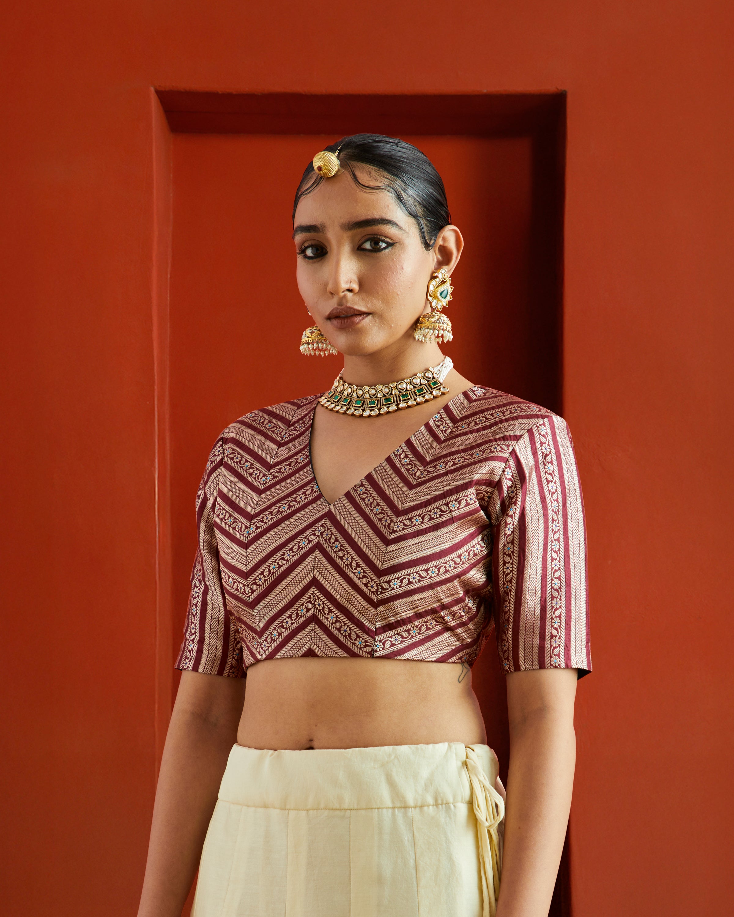 Maroon & Gold Striped Brocade V Neck Saree Blouse