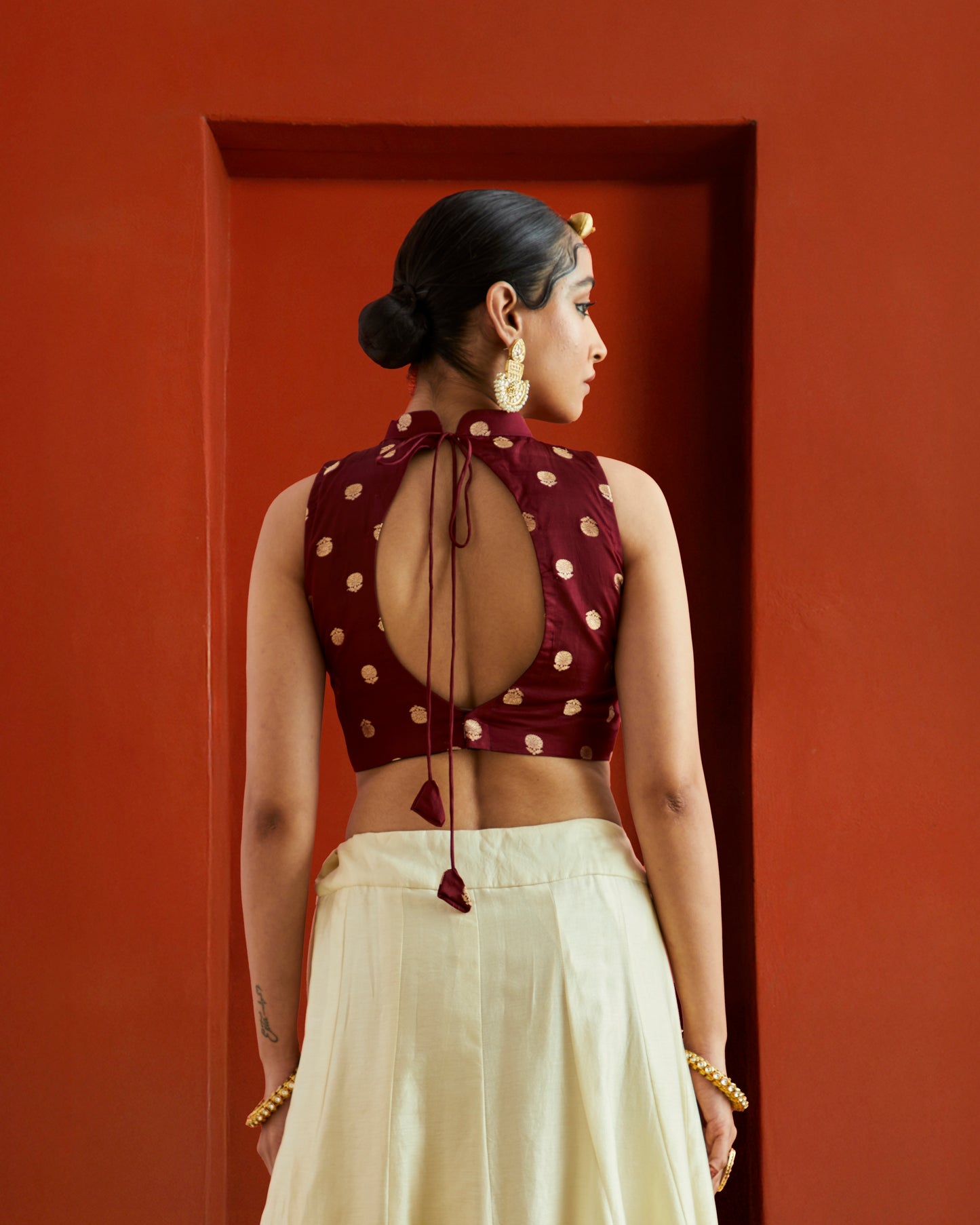 Maroon & Gold Buta Brocade High Neck Saree Blouse