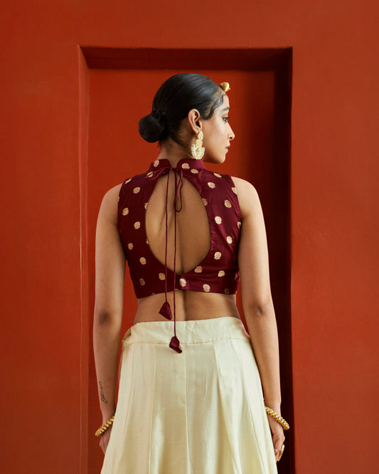 Maroon & Gold Buta Brocade High Neck Saree Blouse