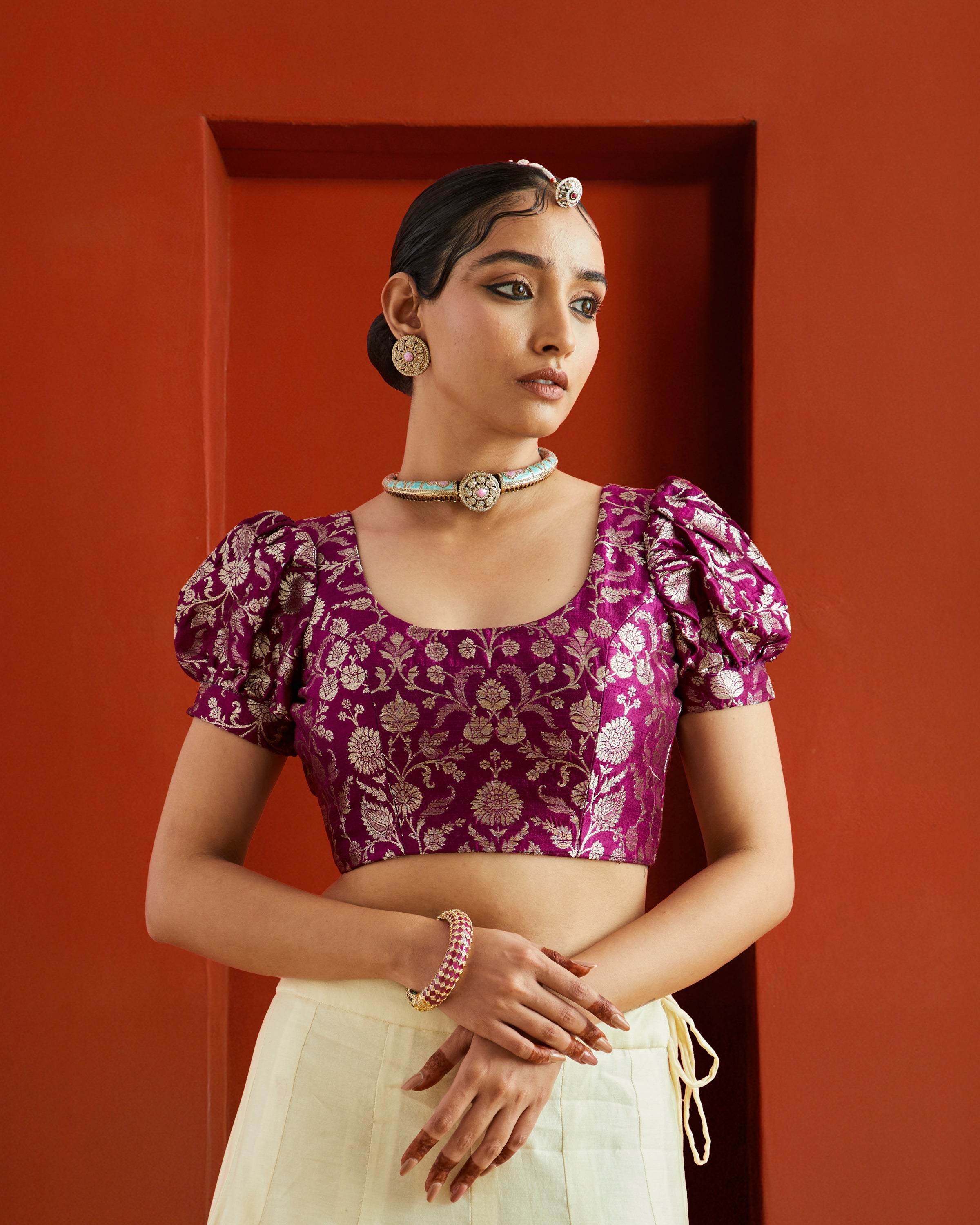 Purple & Gold Floral Brocade Puff Sleeve Saree Blouse