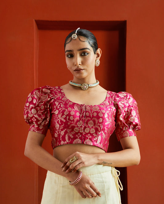Pink & Gold Floral Brocade Puff Sleeve Saree Blouse