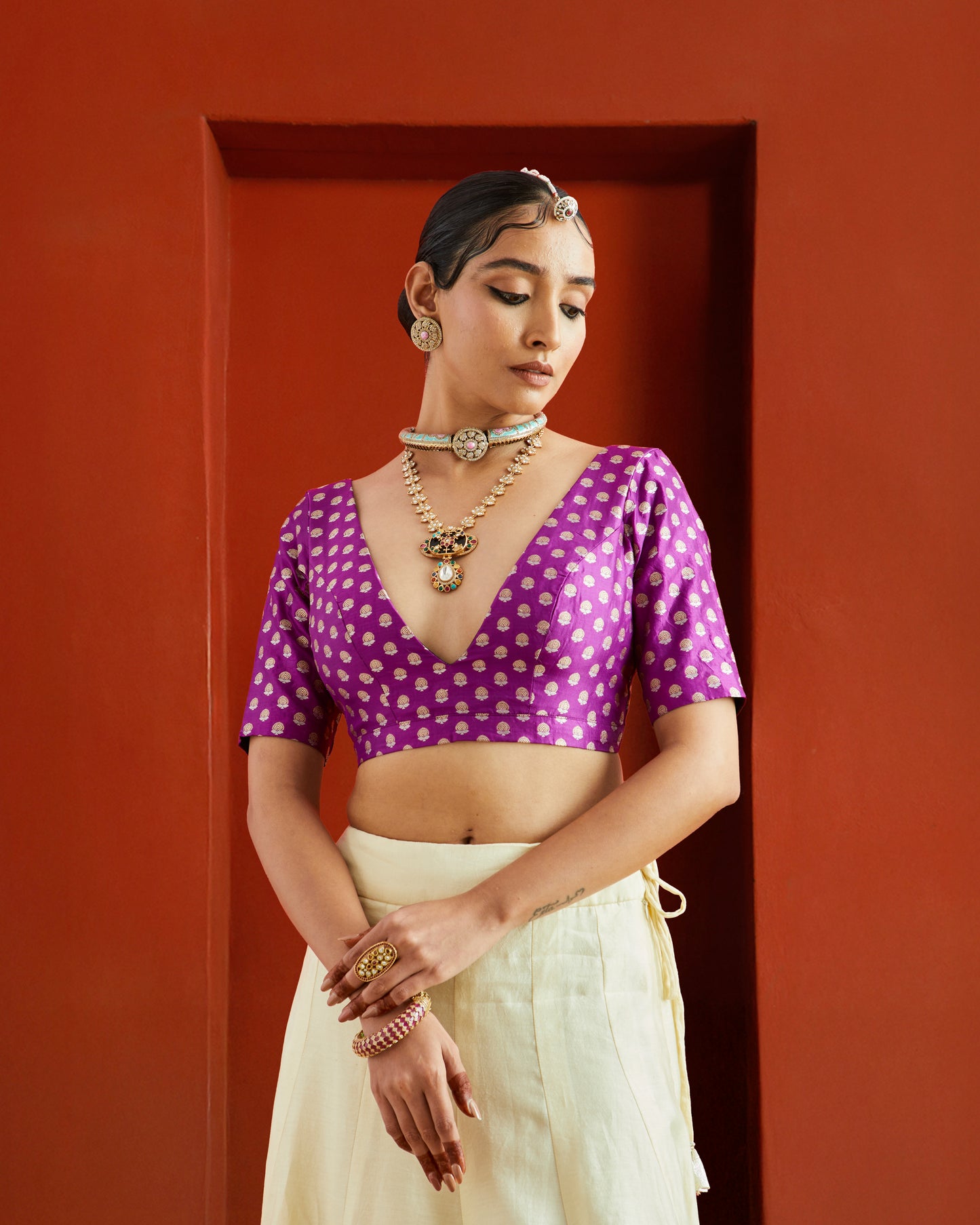 Purple & Gold Buta Brocade Deep Neck Saree Blouse