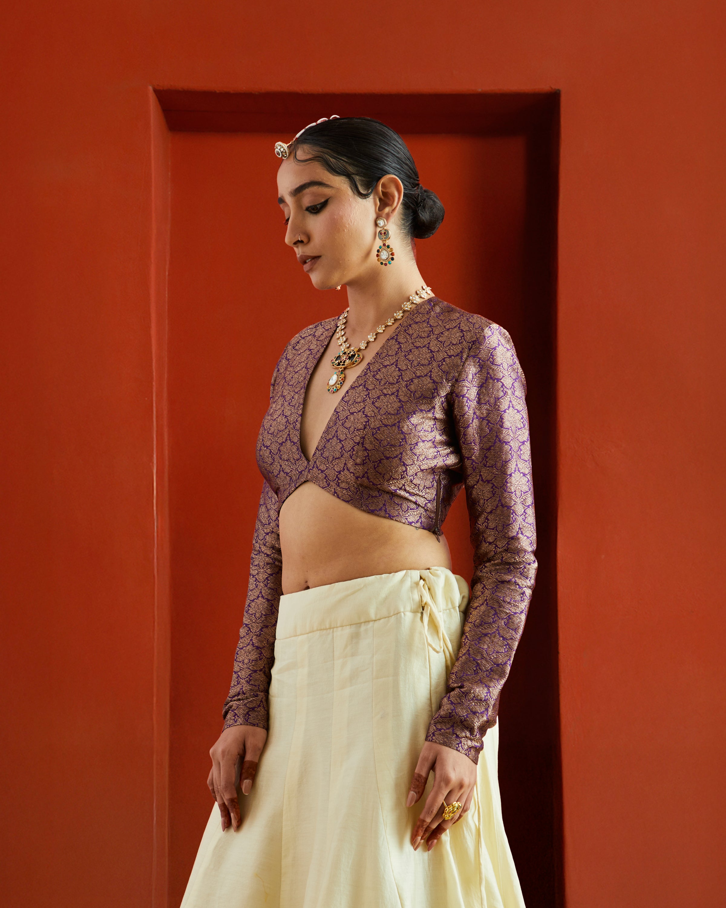 Purple & Gold Jaal Brocade Full Sleeve Saree Blouse