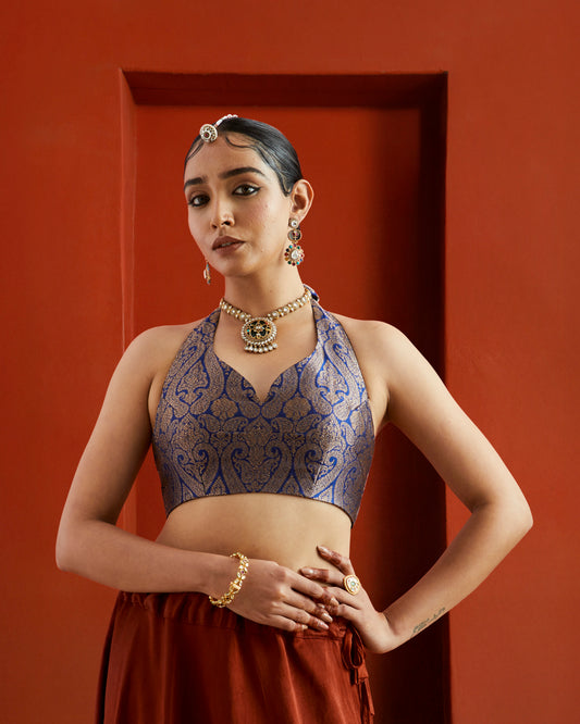 Blue & Gold Paisley Brocade Halter Neck Saree Blouse