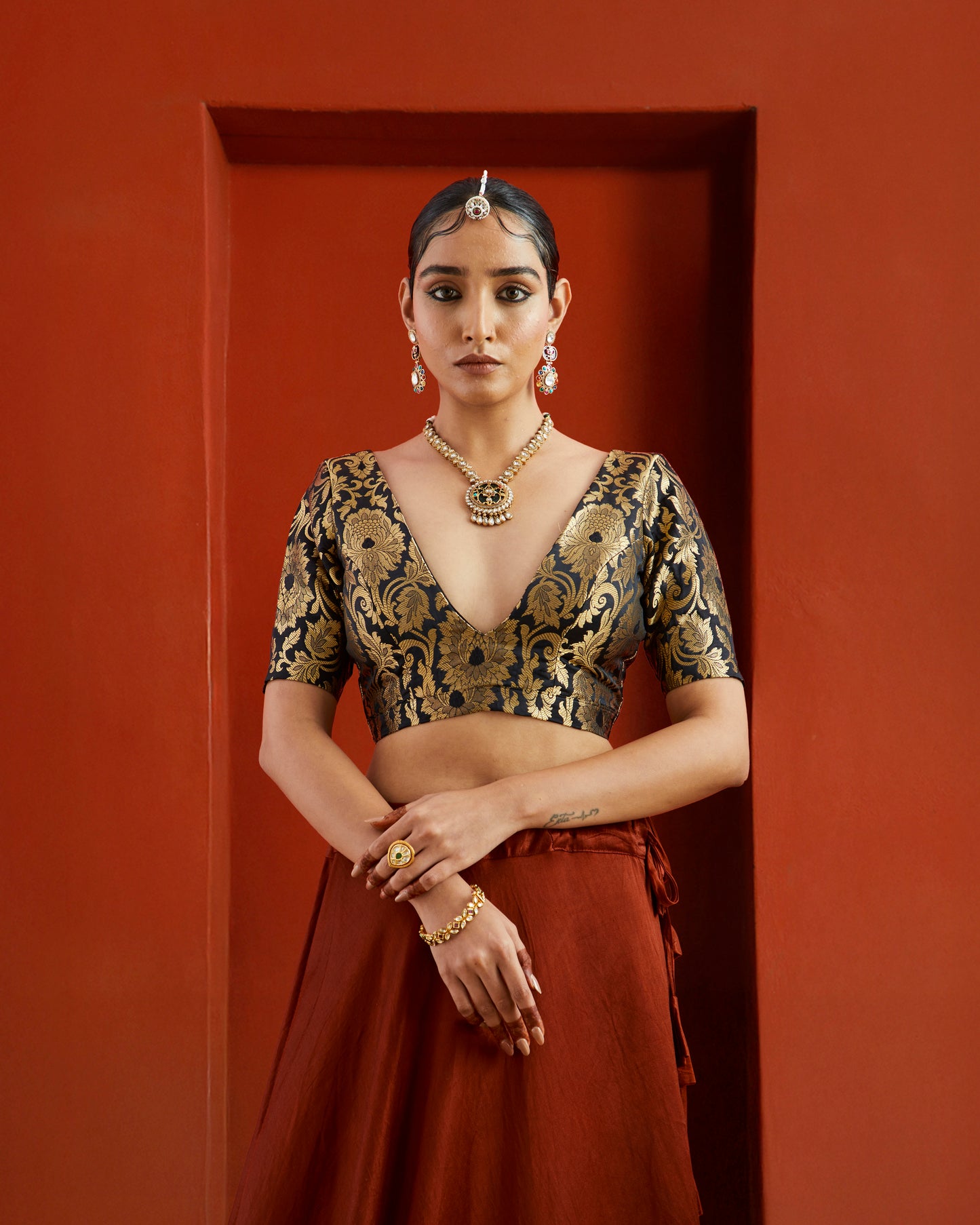 Black & Gold Floral Brocade Deep Neck Saree Blouse