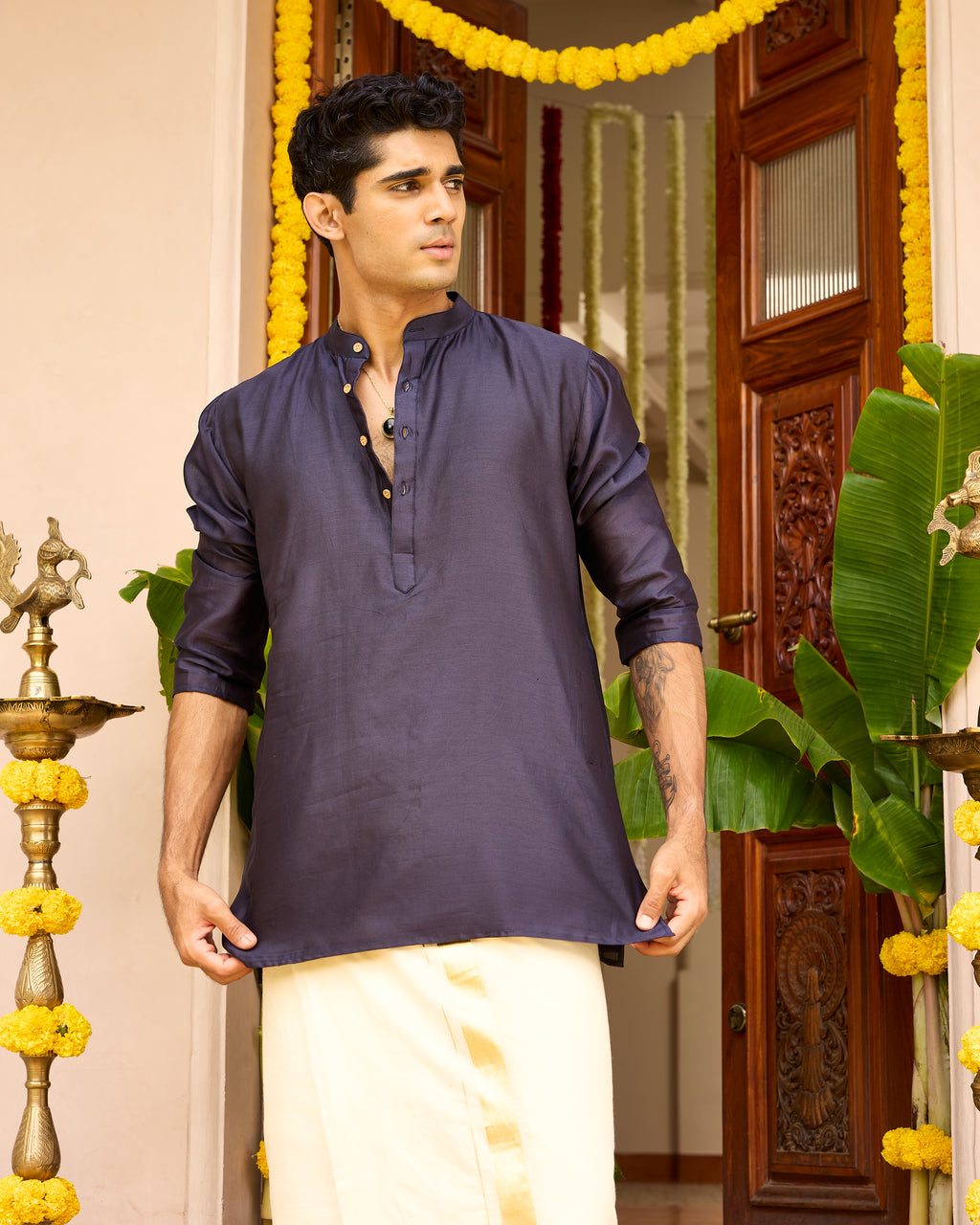 Midnight Pure Chanderi Men's Short Kurta