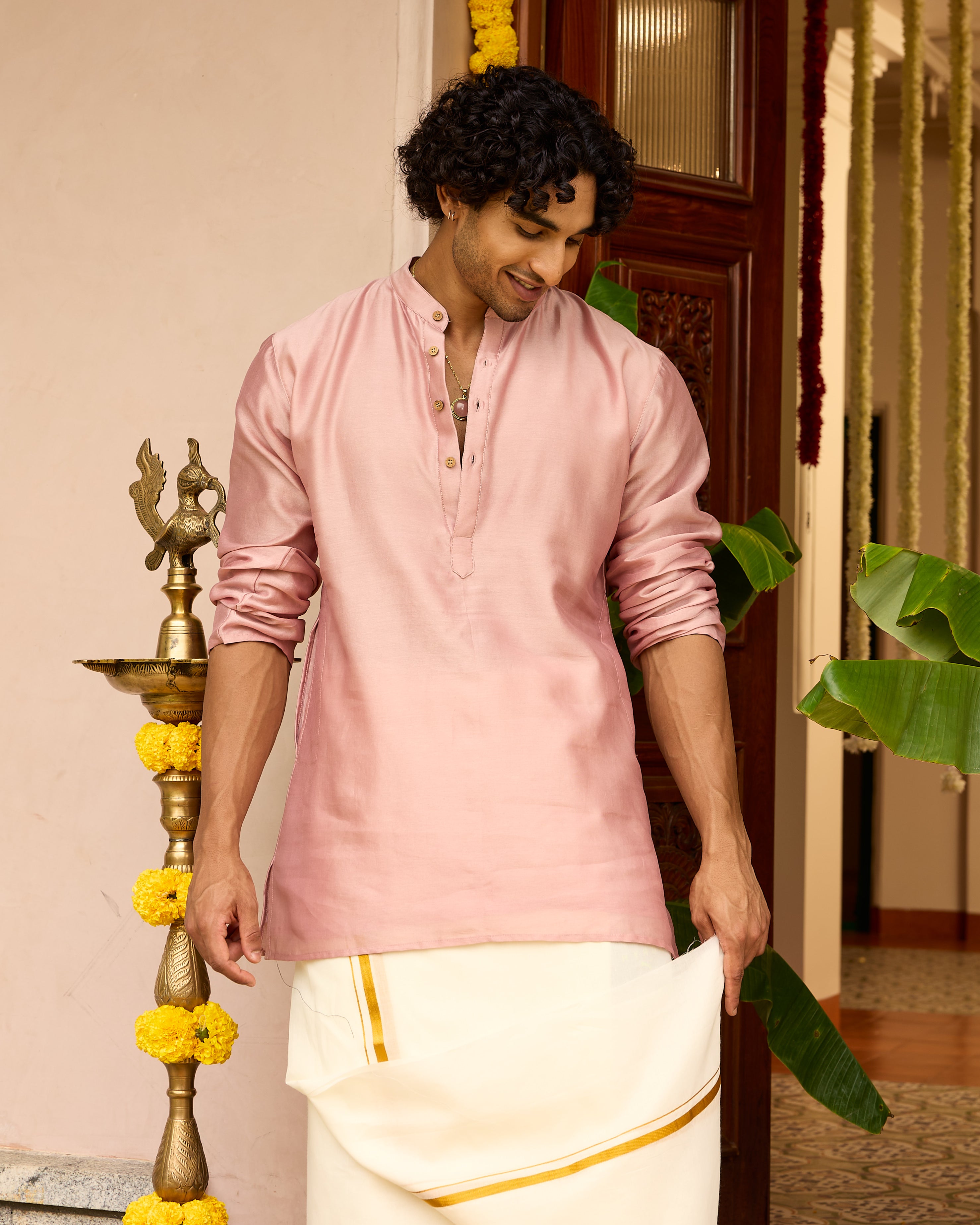 Rose Pink Pure Chanderi Men's Short Kurta