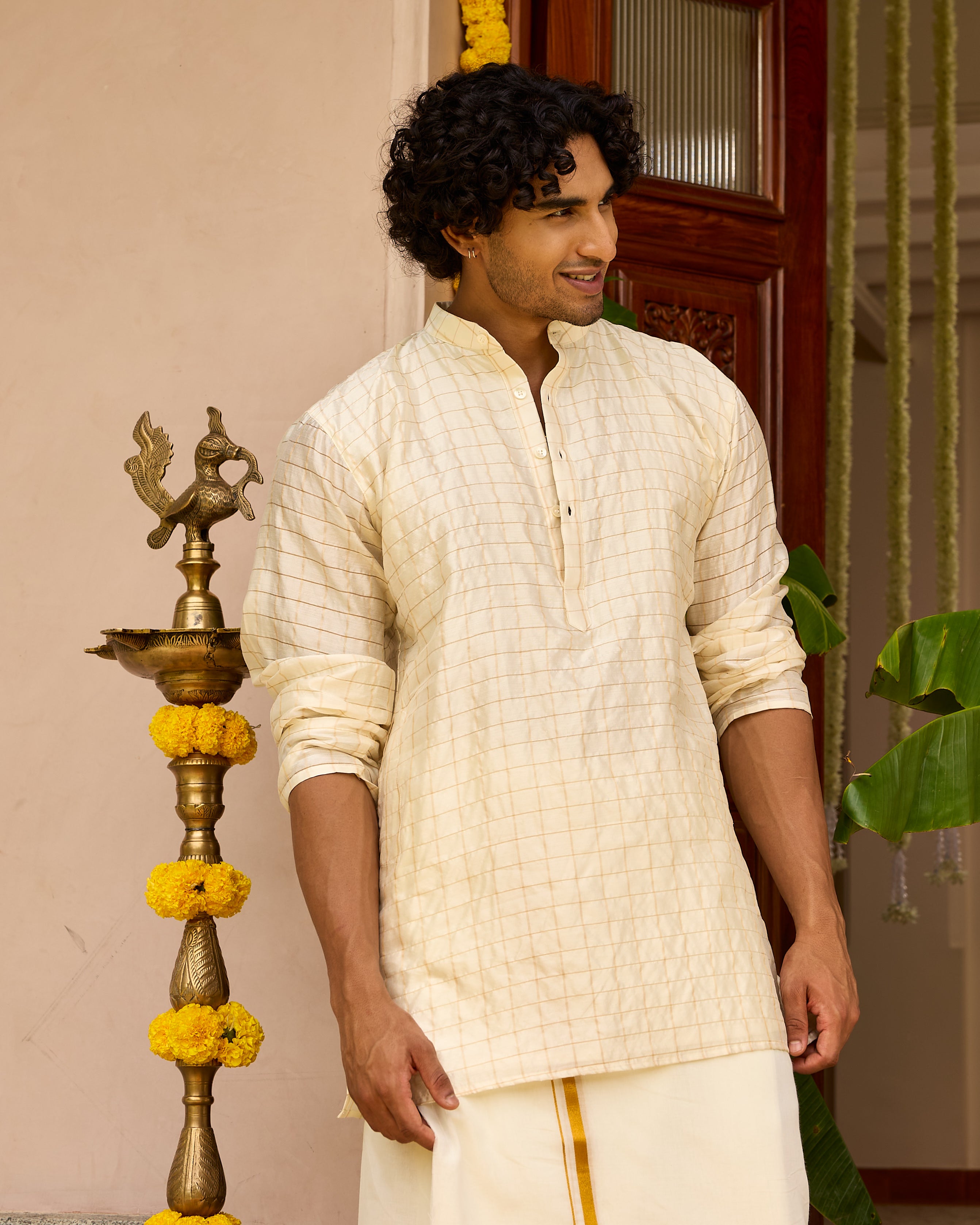 Checks Pure Chiniya Silk Men's Short Kurta