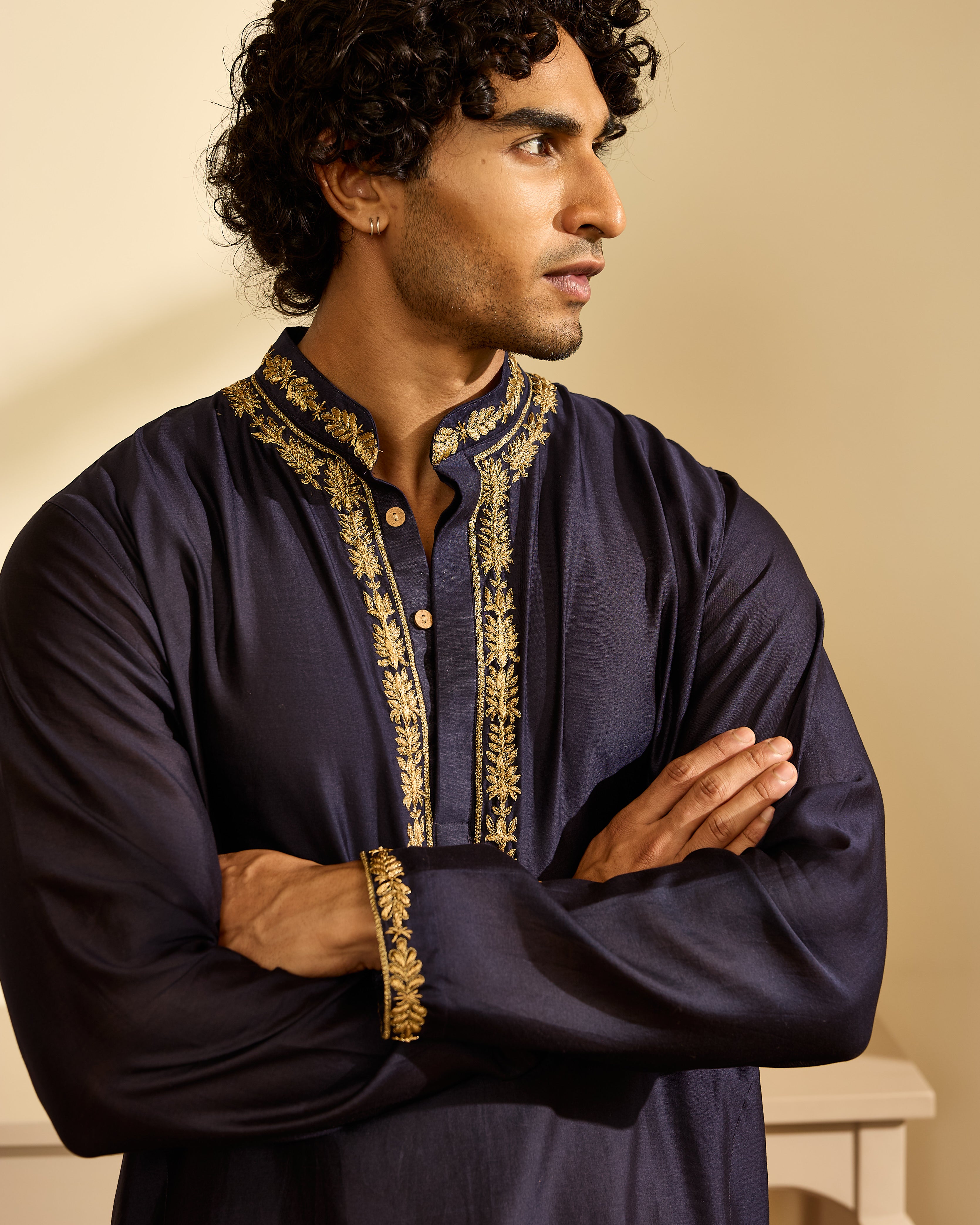 Aari Midnight Blue Black Chanderi Kurta
