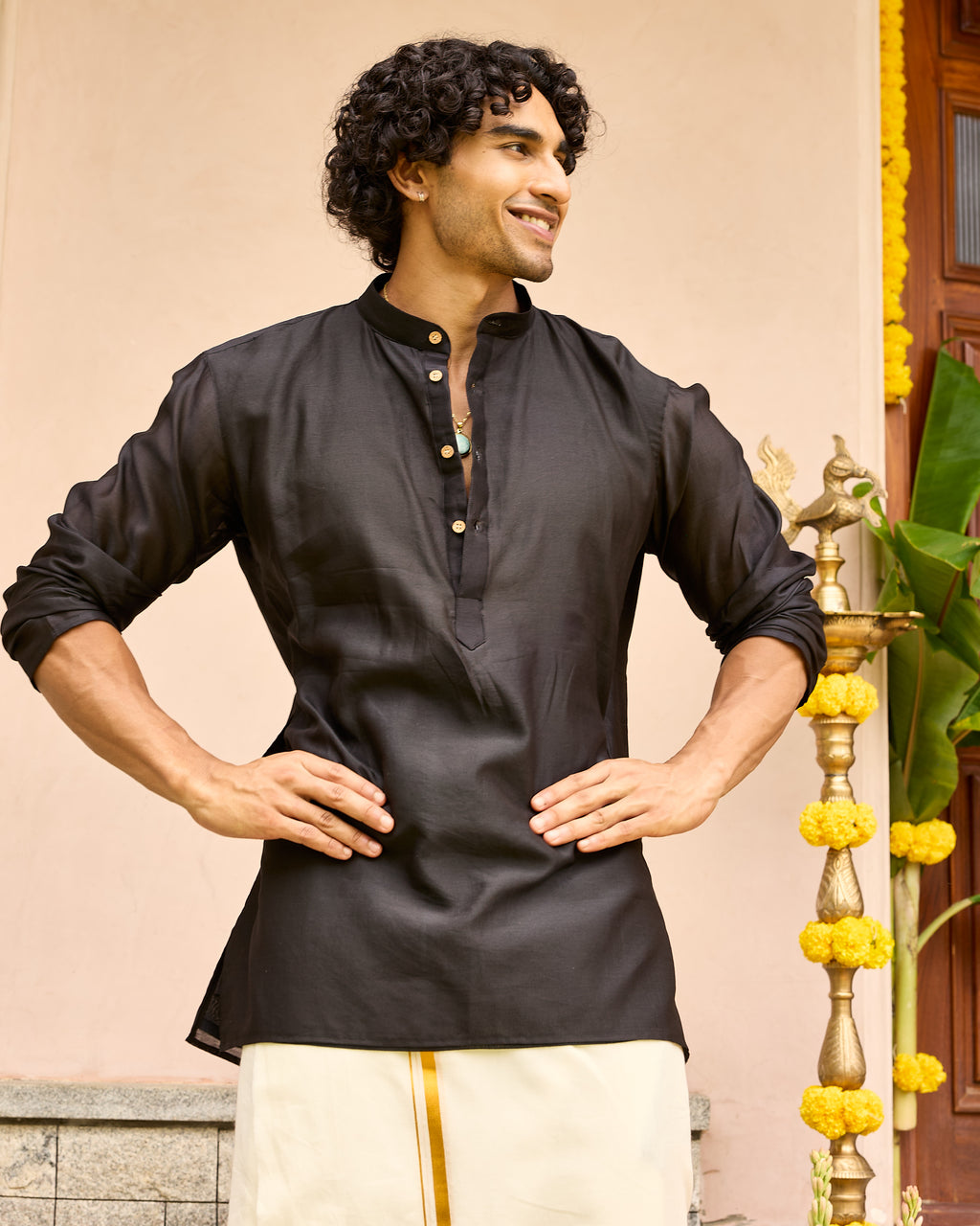 True Black Pure Chanderi Men's Short Kurta