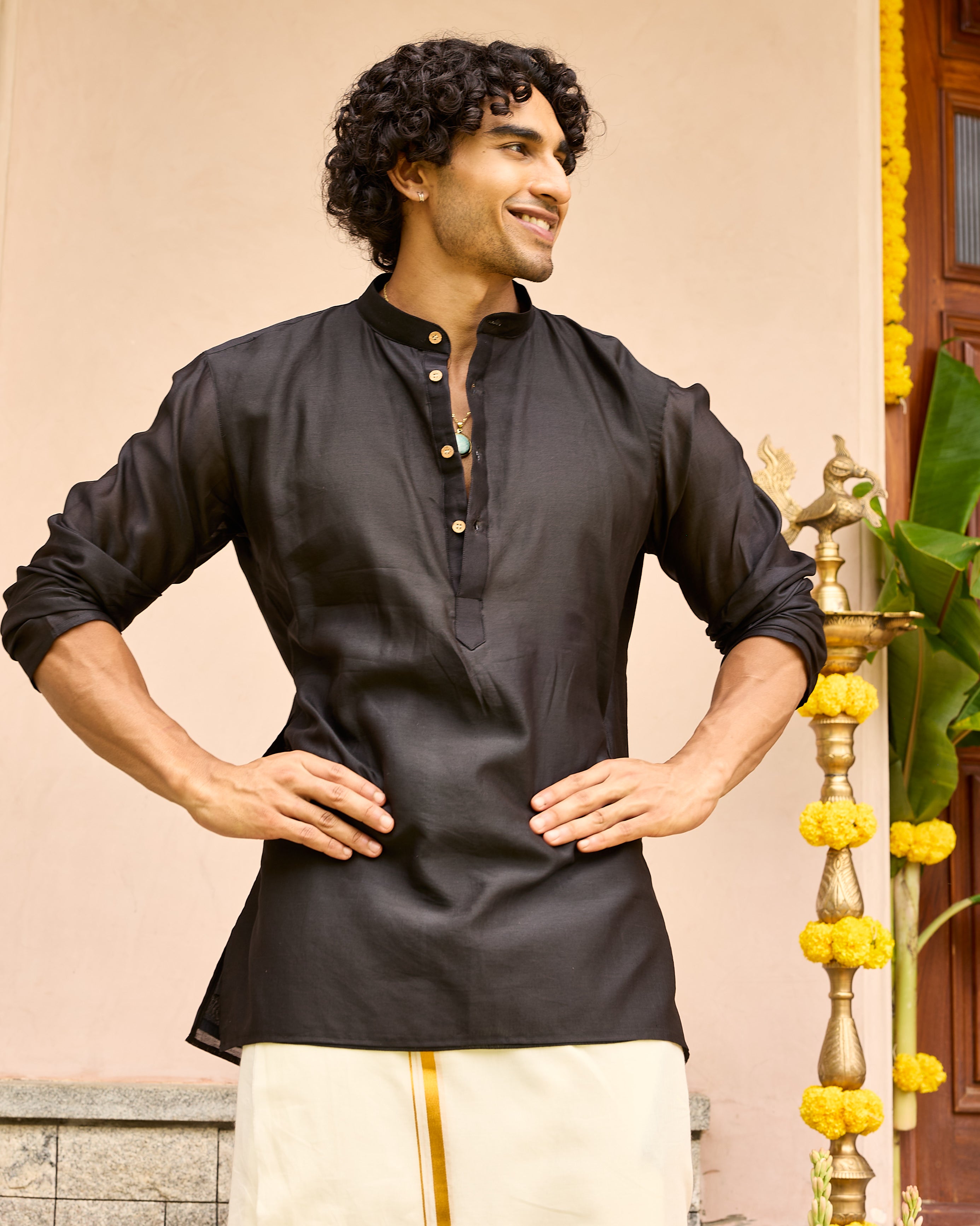 True Black Pure Chanderi Men's Short Kurta