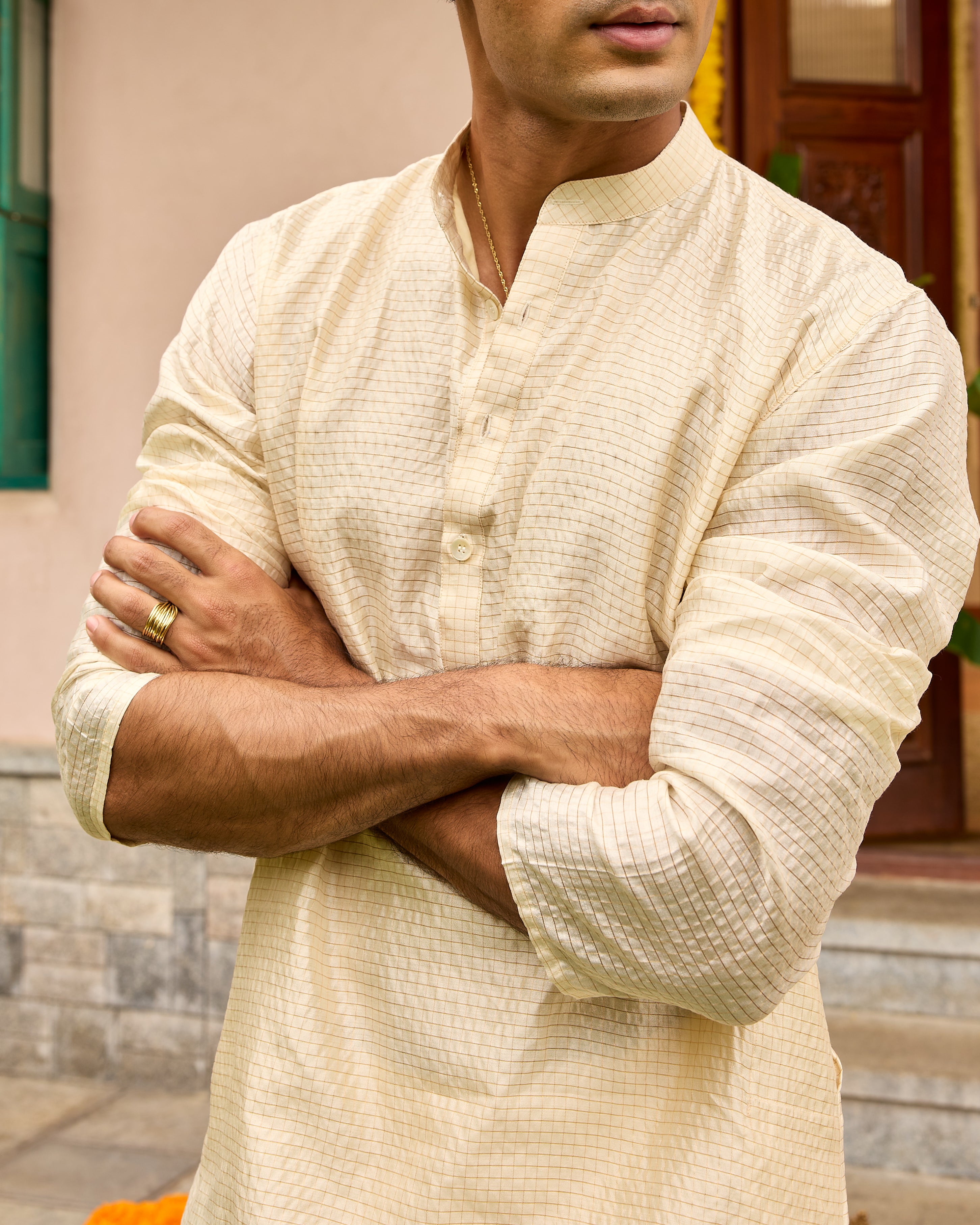 Stripes Pure Chiniya Silk Men's Short Kurta