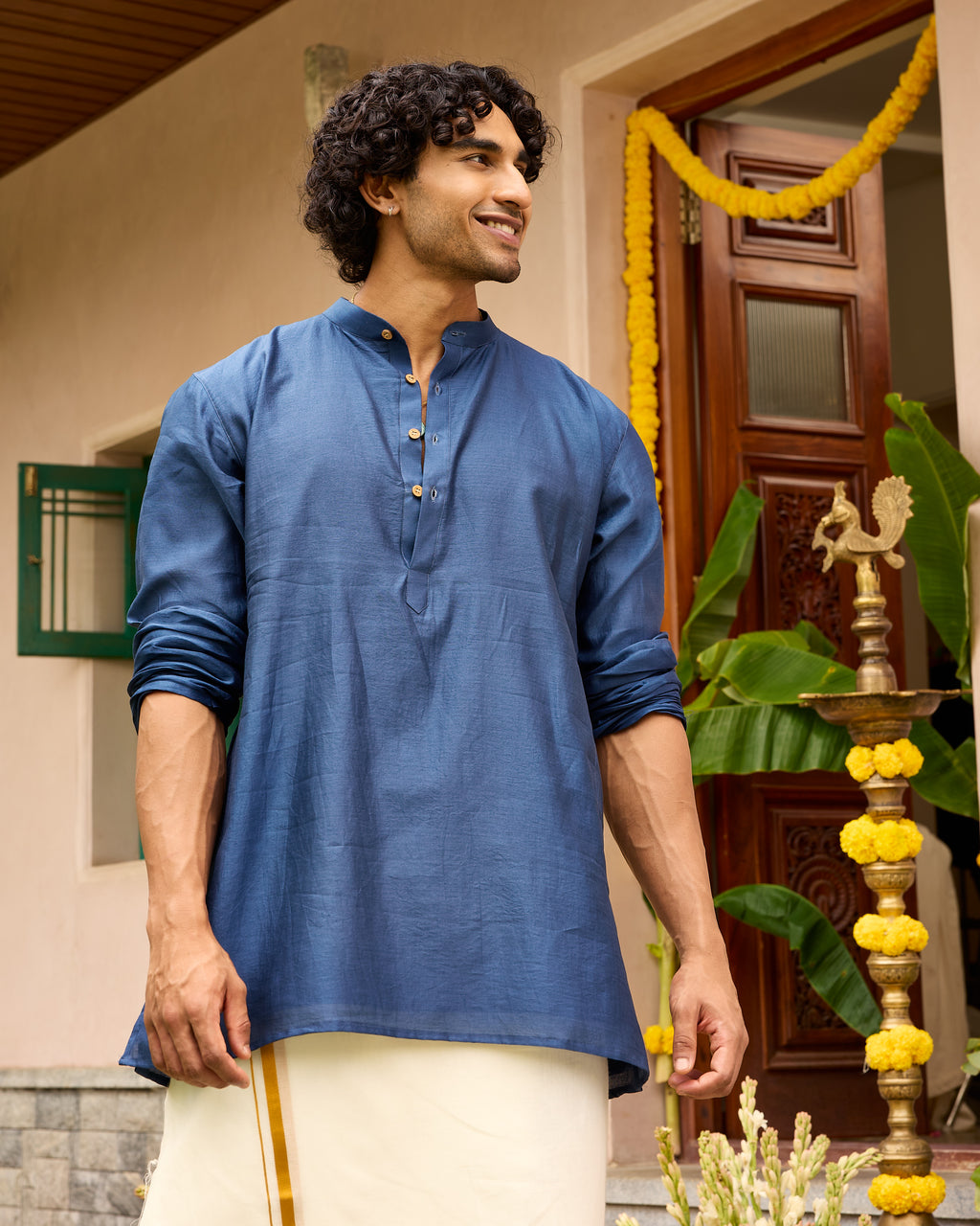 Blue Pure Chanderi Men's Short Kurta