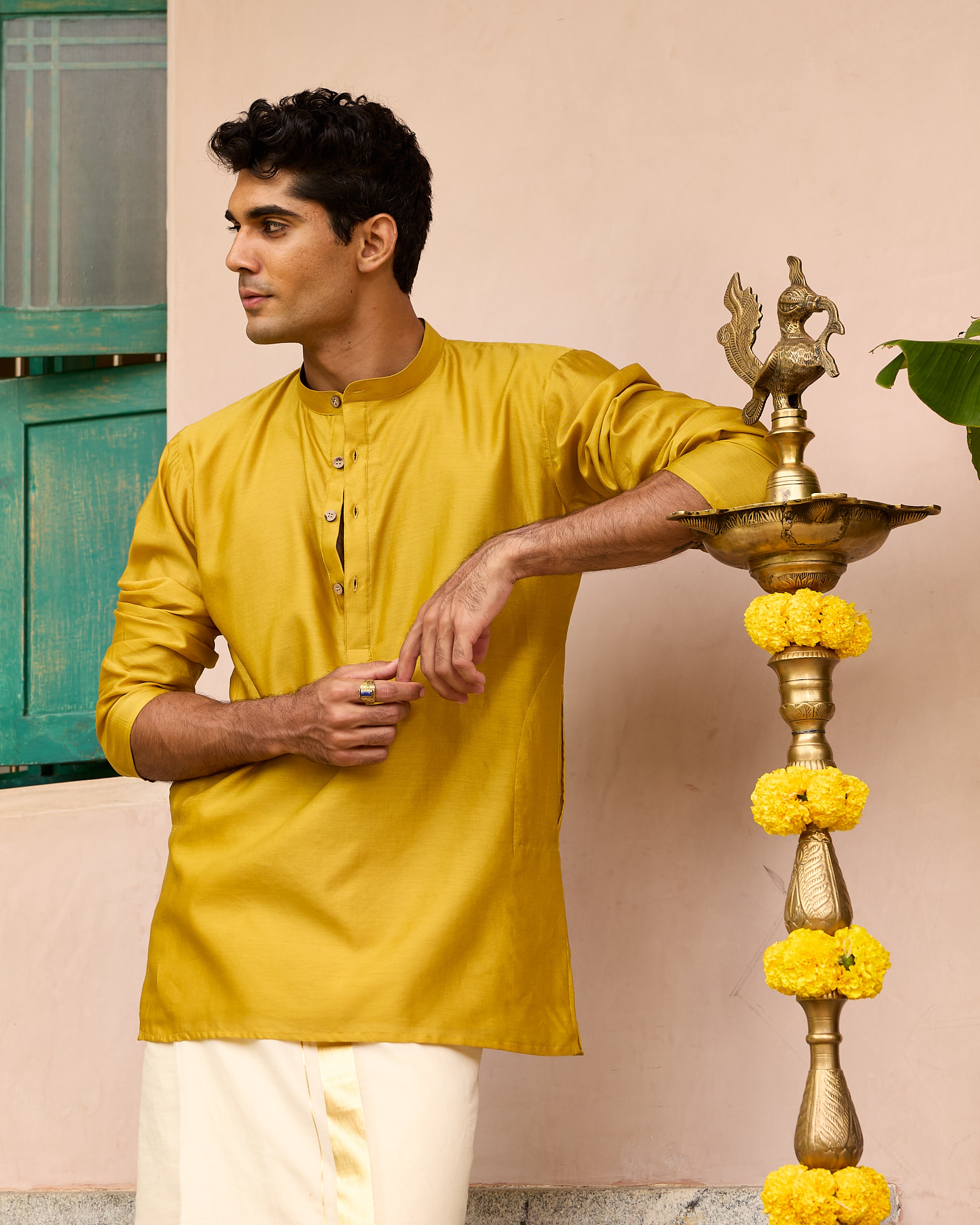 Yellow Pure Chanderi Men's Short Kurta