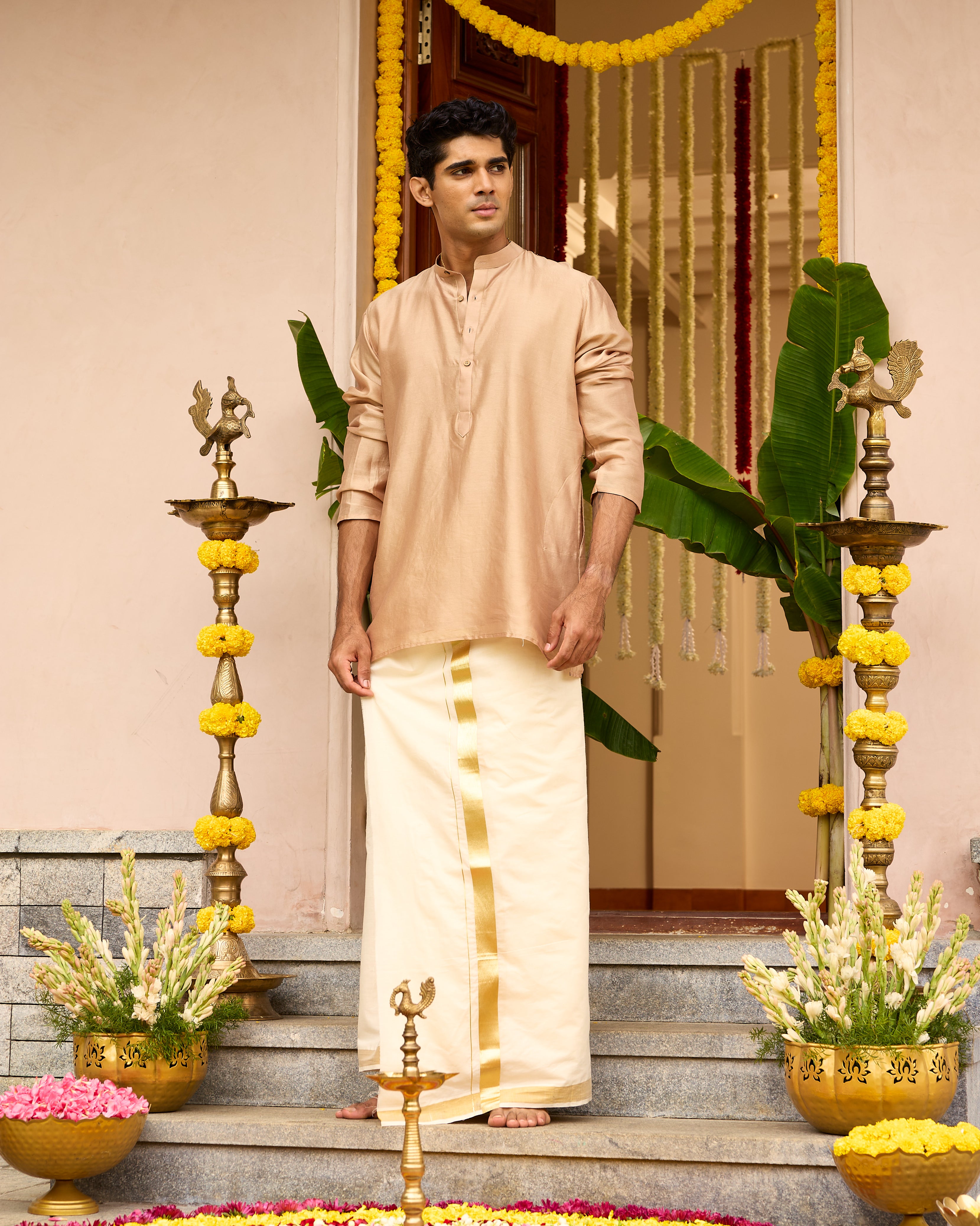 Light Gold Pure Chanderi Men's Short Kurta
