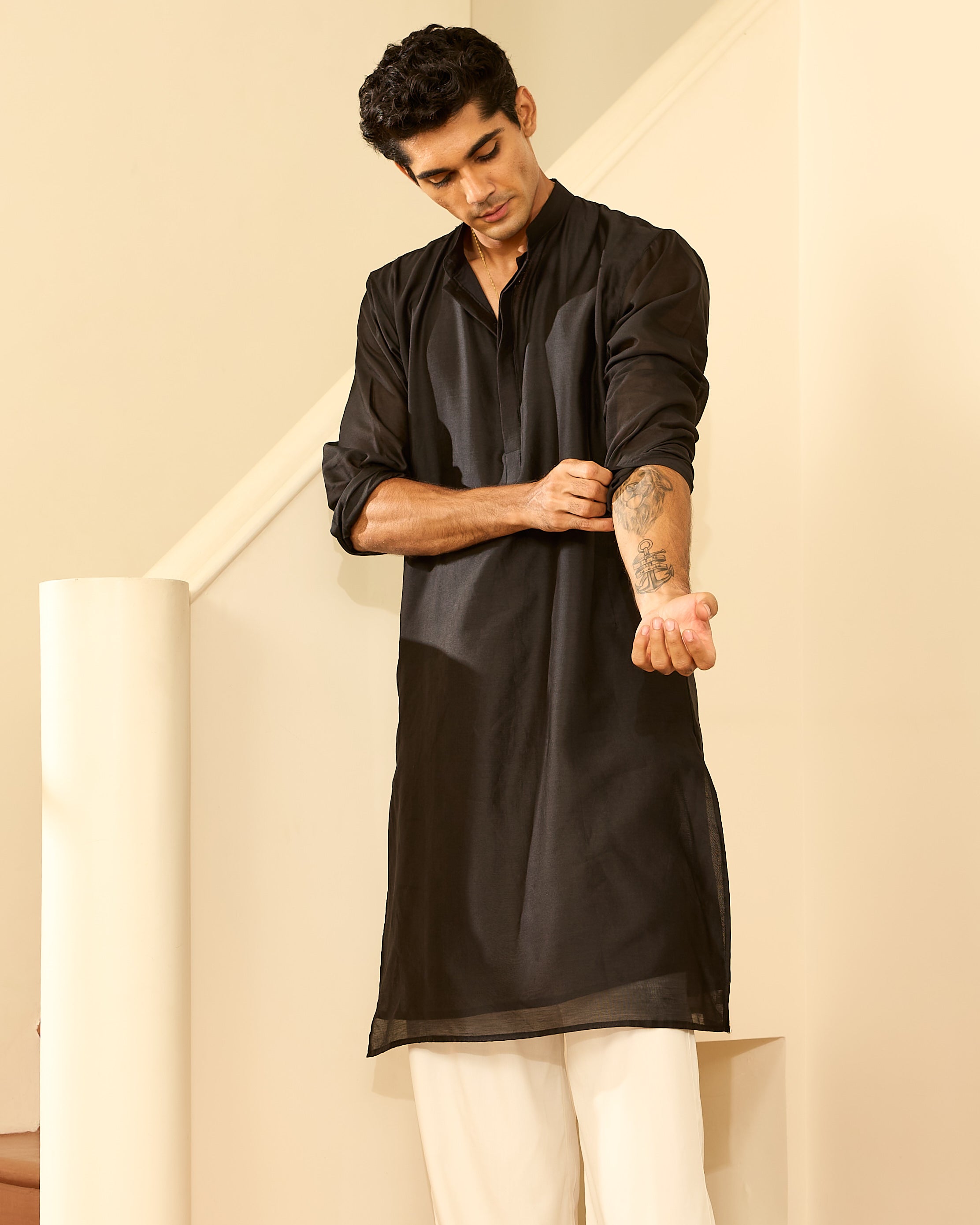 True Black Pure Chanderi Men's Kurta
