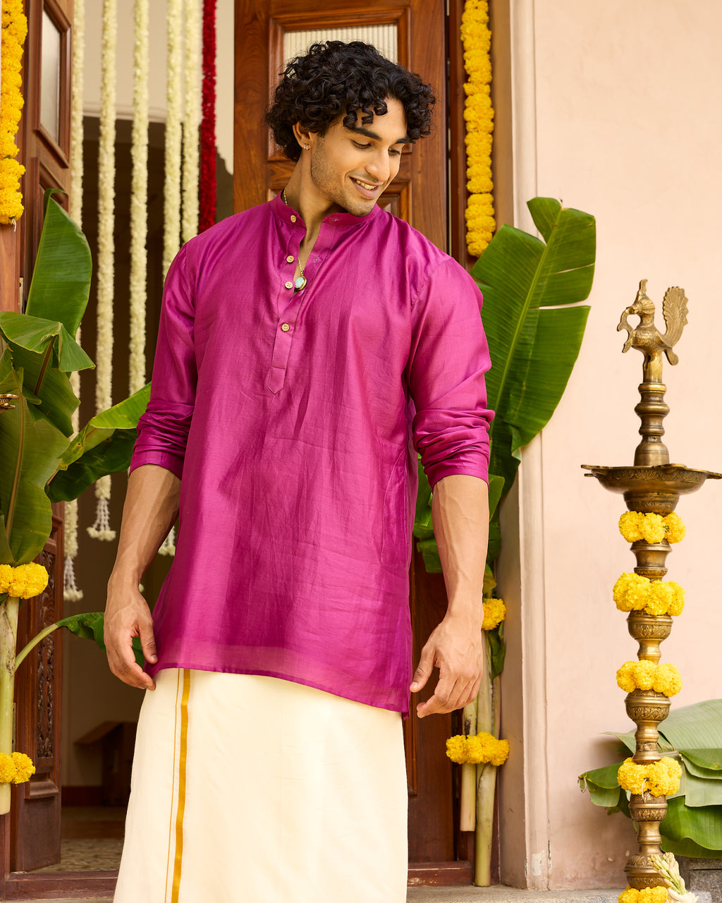 Pink Pure Chanderi Men's Short Kurta