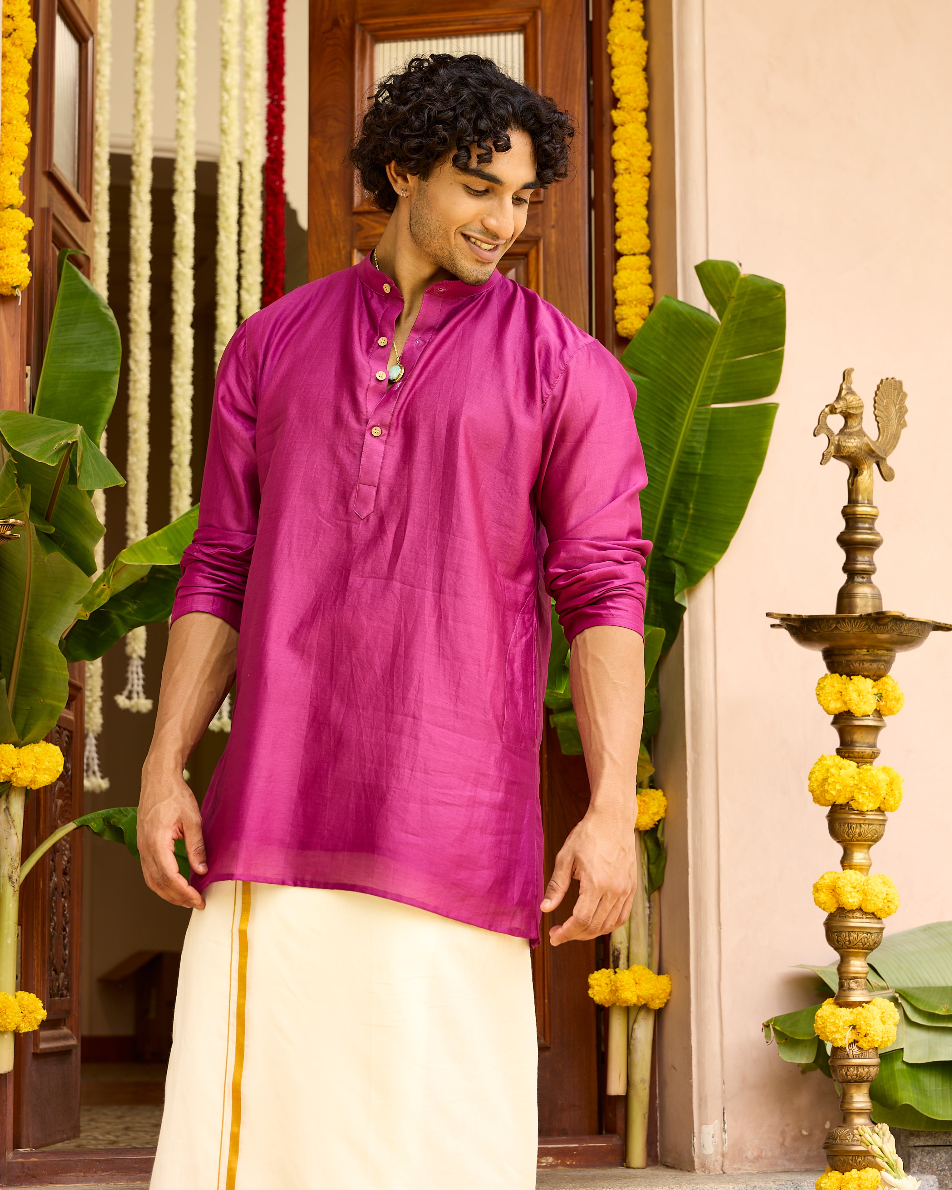 Pink Pure Chanderi Men's Short Kurta