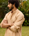 Light Gold Pure Chanderi Kurta With Gold Piping On Hidden Placket
