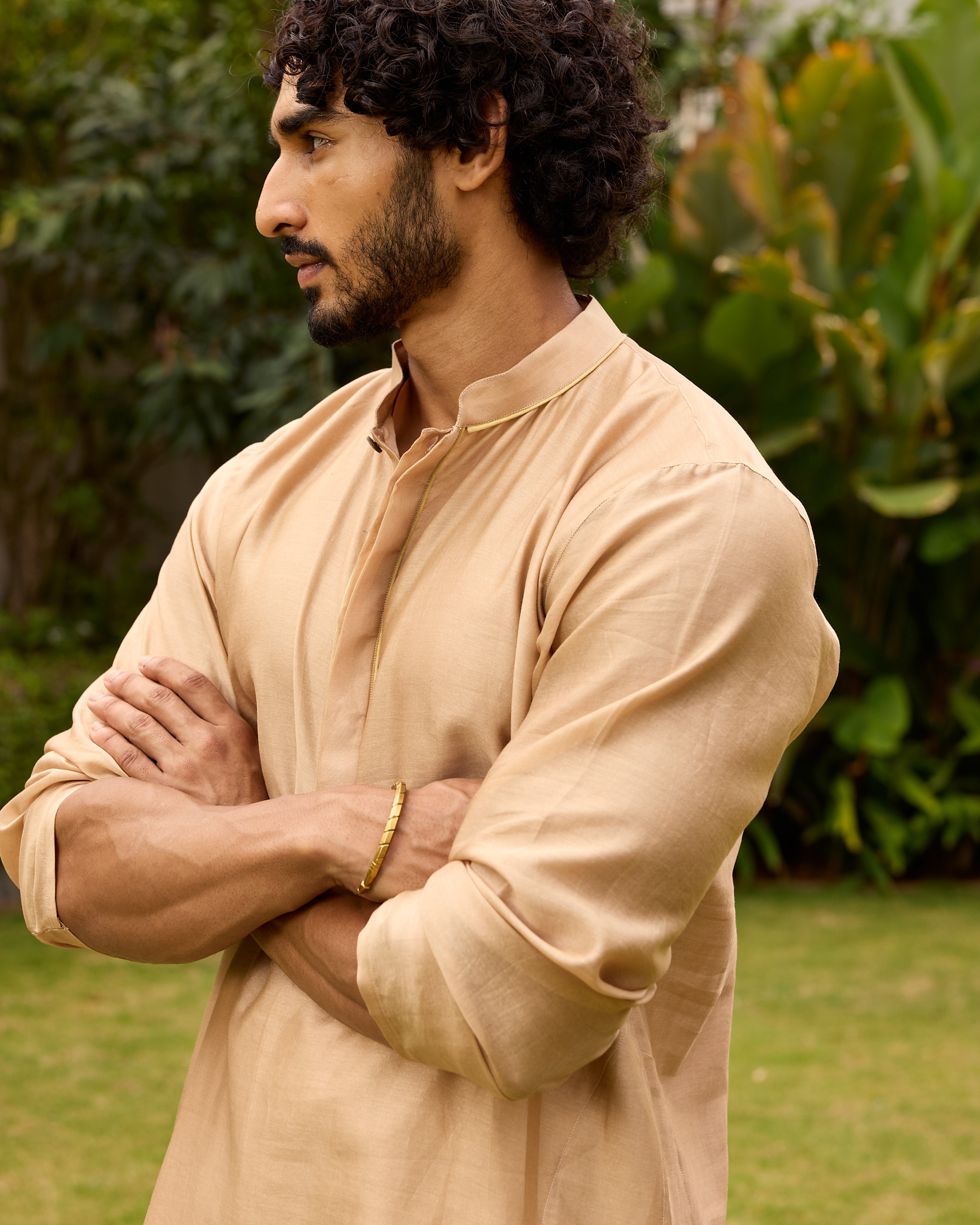 Light Gold Pure Chanderi Kurta With Gold Piping On Hidden Placket