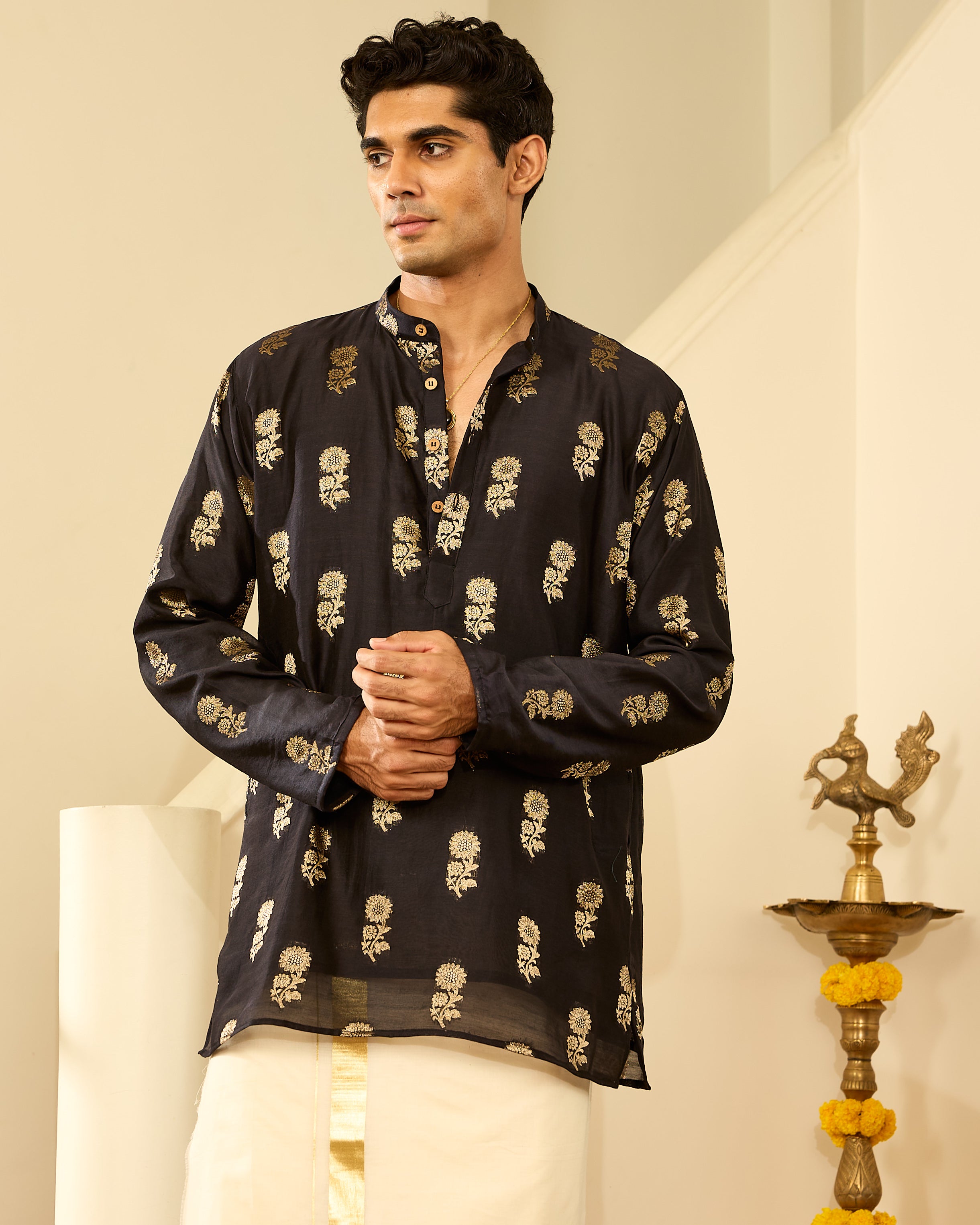 Black Pure Chanderi Zari Buta Floral Men's Short Kurta