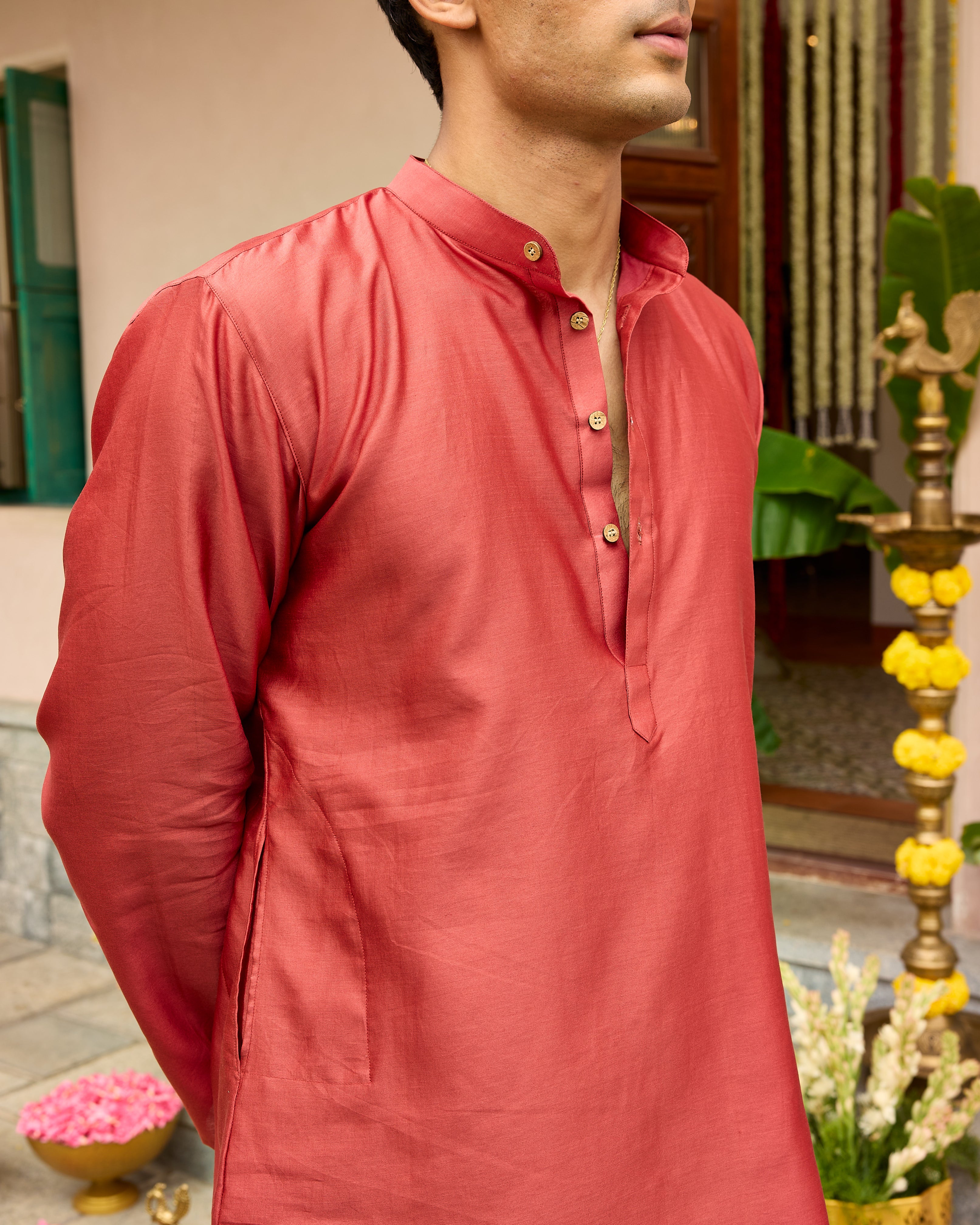 Red Pure Chanderi Men's Short Kurta