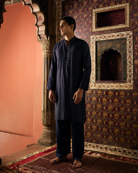 Midnight Blue Black Munga Silk Handwoven Buta Kurta