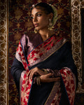 Midnight Blue Black Pure Chanderi Saree With Pure Katan Silk Brocade Border