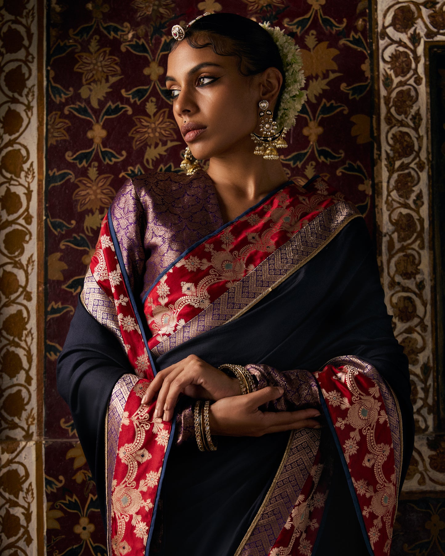 Midnight Blue Black Pure Chanderi Saree With Pure Katan Silk Brocade Border