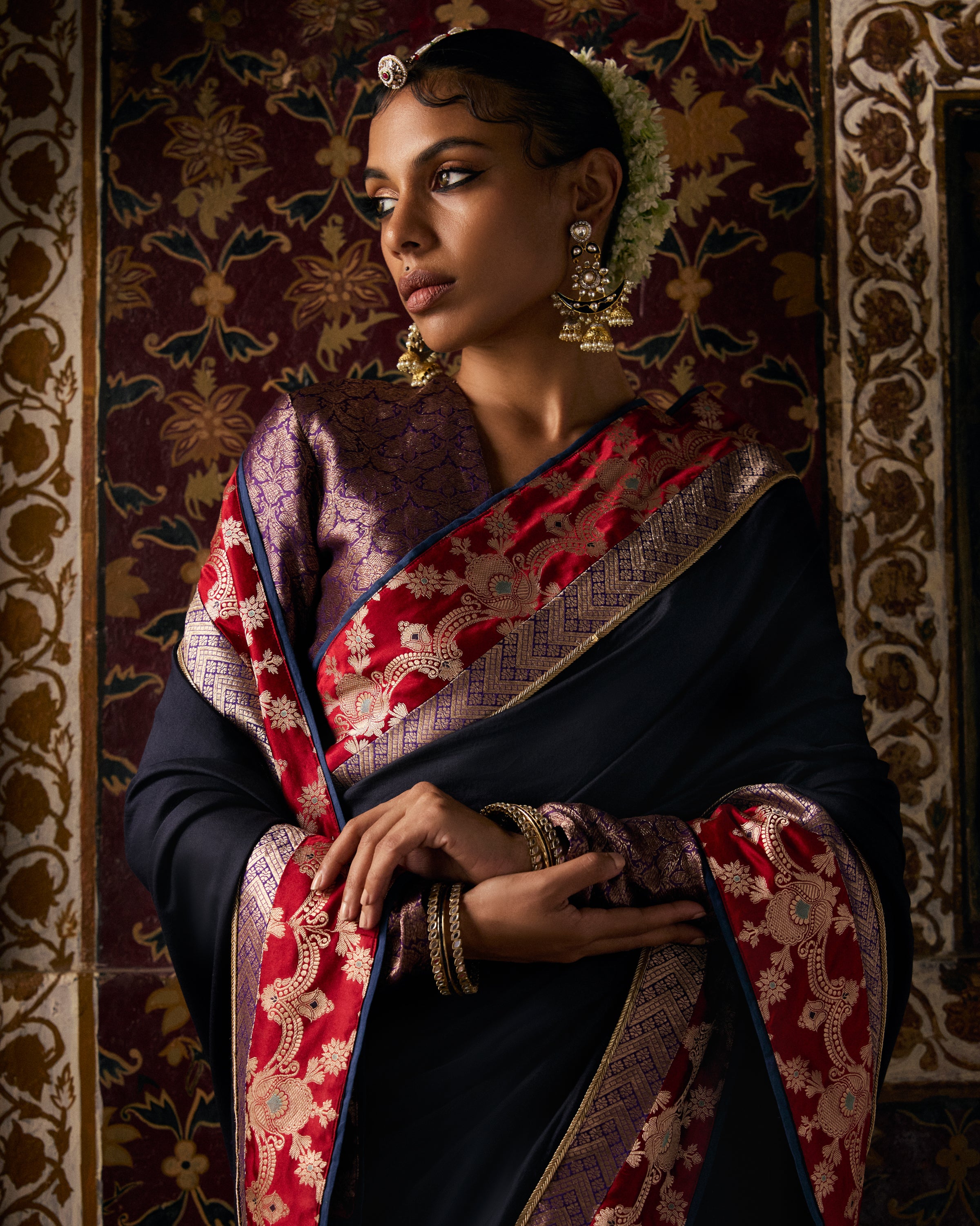 Midnight Blue Black Pure Chanderi Saree With Pure Katan Silk Brocade Border