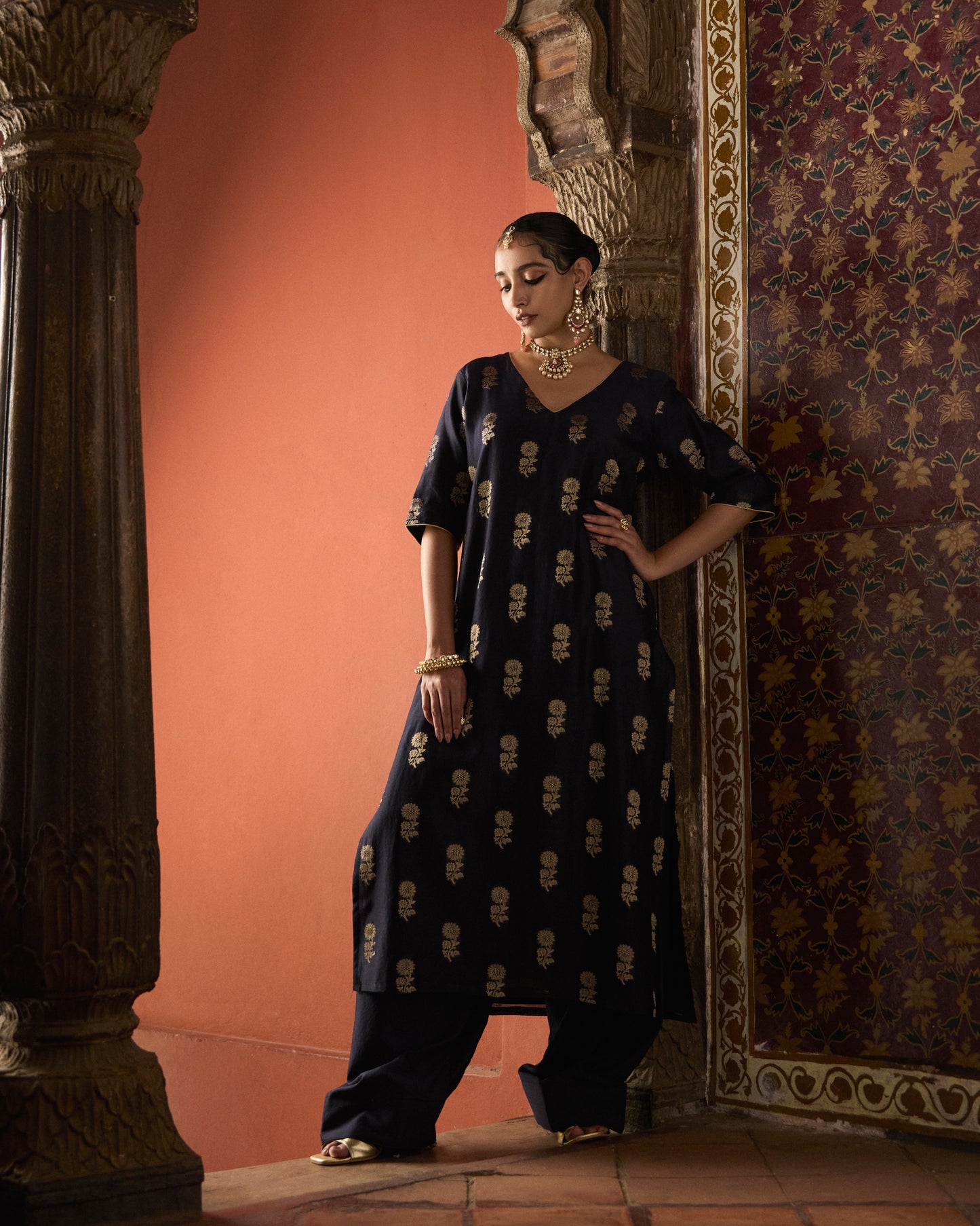 Midhnight Black Blue Pure Chanderi Floral Zari Buta Kurta