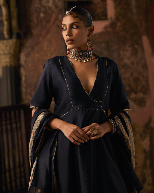 Midnight Blue Black Pure Chanderi Semi Angrakha