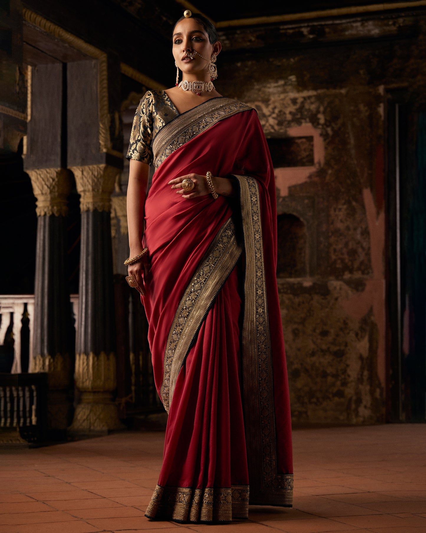 Red Pure Chanderi Saree With Black And Gold Border