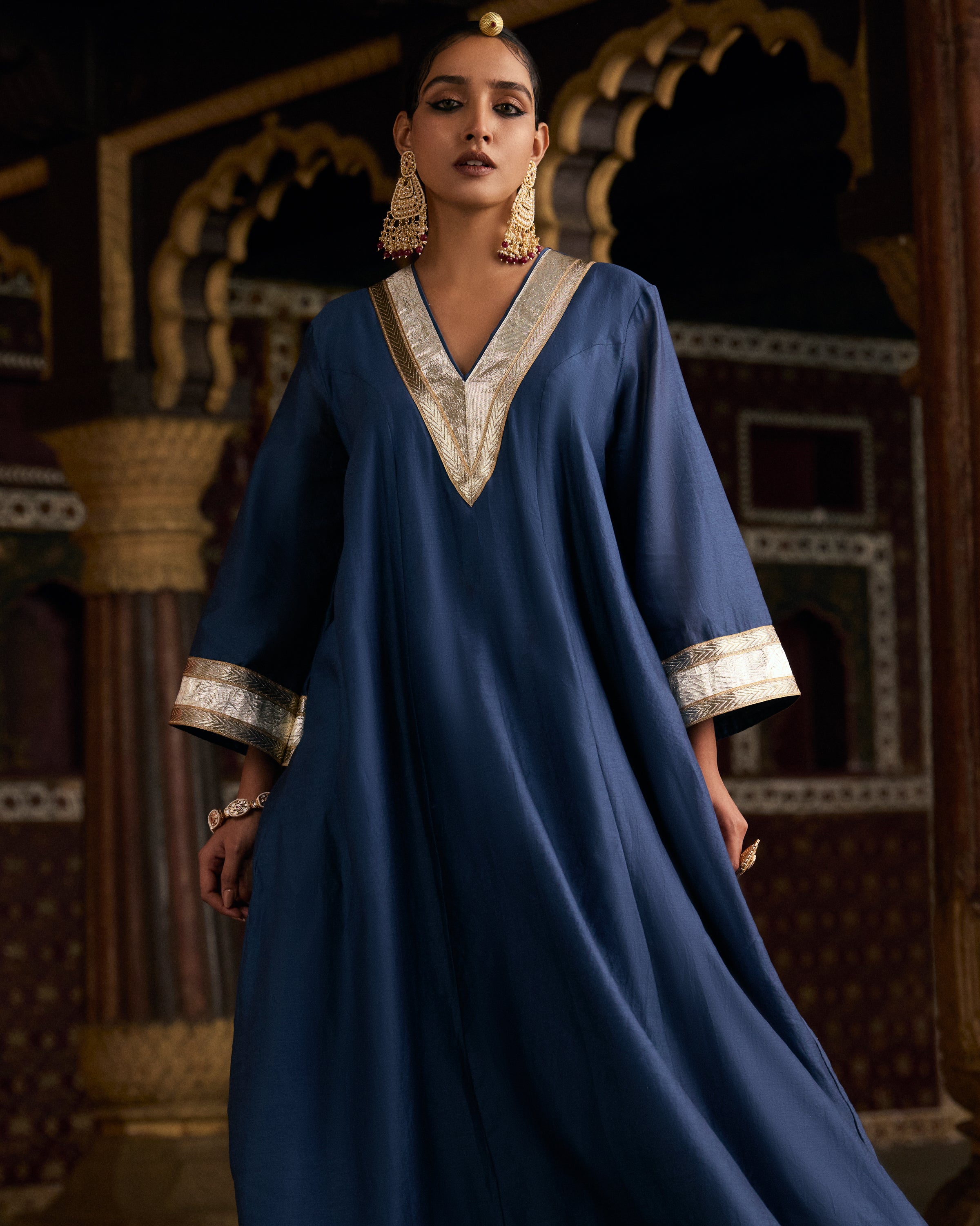 Blue Pure Chanderi Kaftan Kurta With Gota Patti