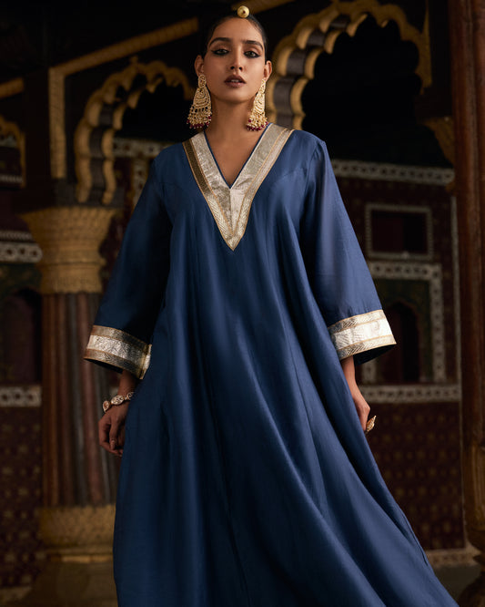 Blue Pure Chanderi Kaftan Kurta With Gota Patti