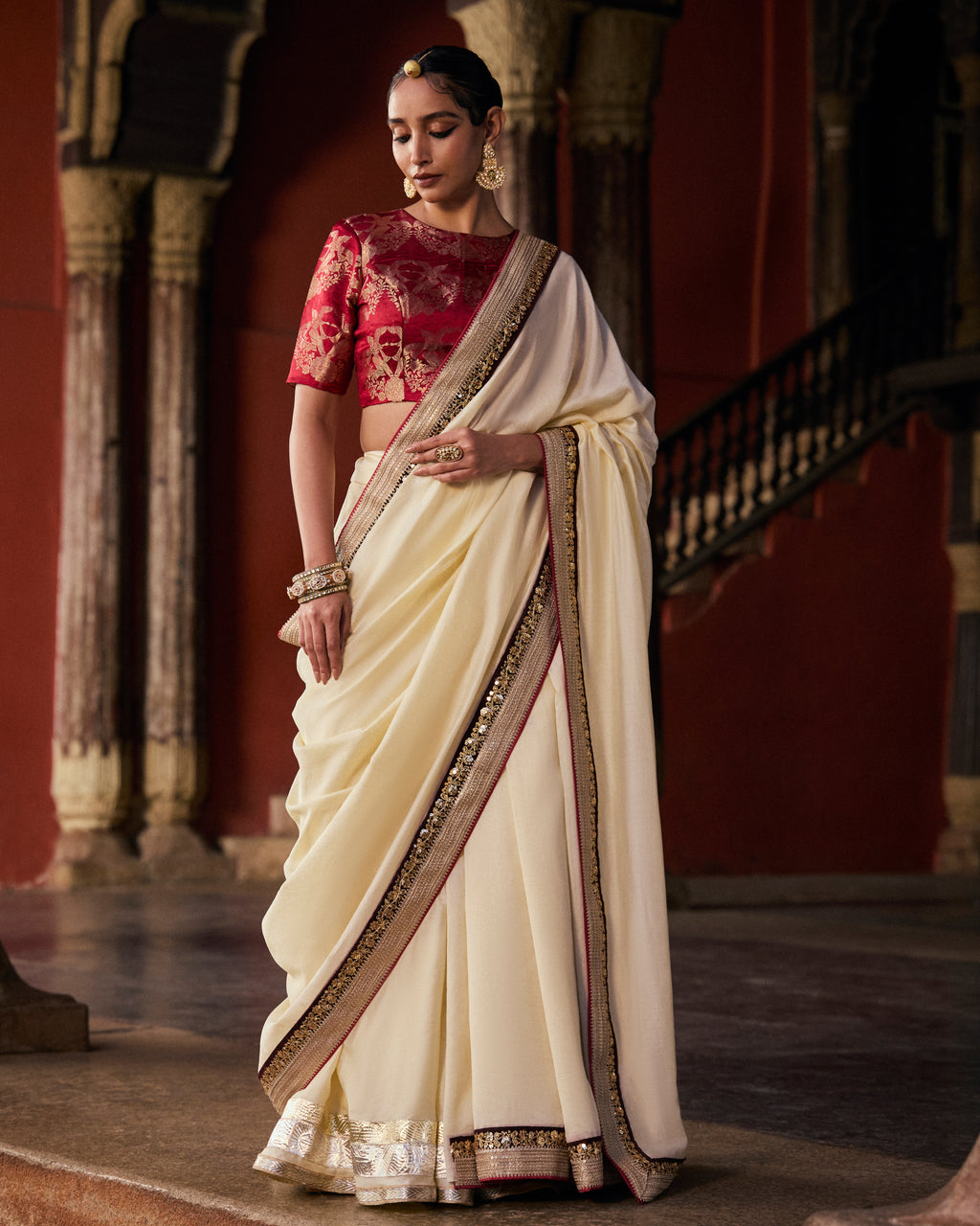Off White Pure Chanderi Saree With Velvet And Gold Border