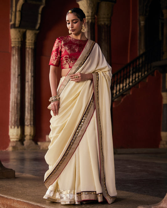 Off White Pure Chanderi Saree With Velvet And Gold Border