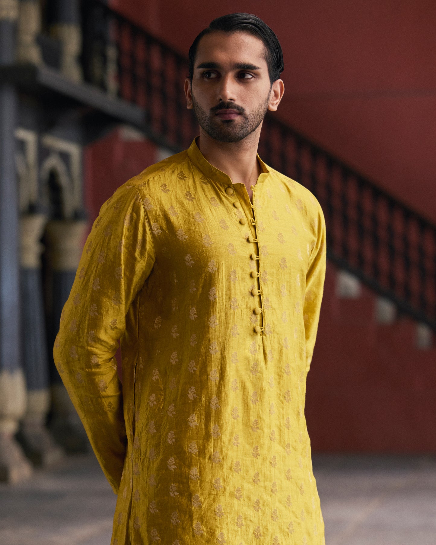 Yellow Munga Silk Handwoven Buta Kurta