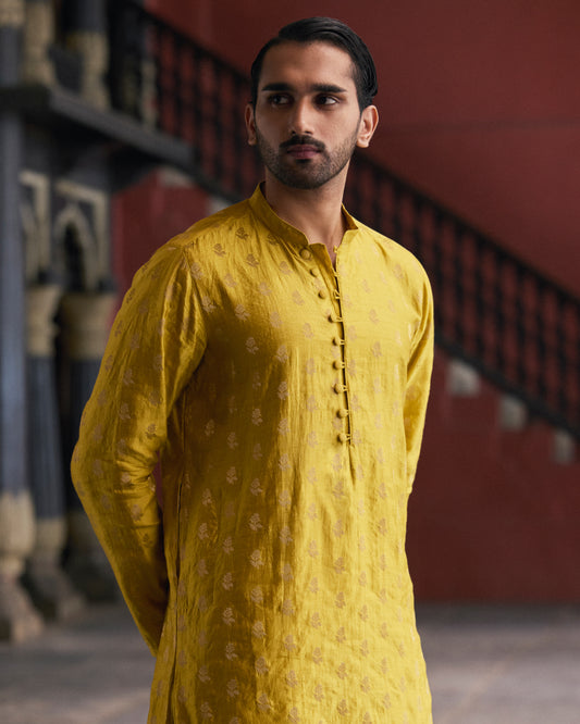 Yellow Munga Silk Handwoven Buta Kurta