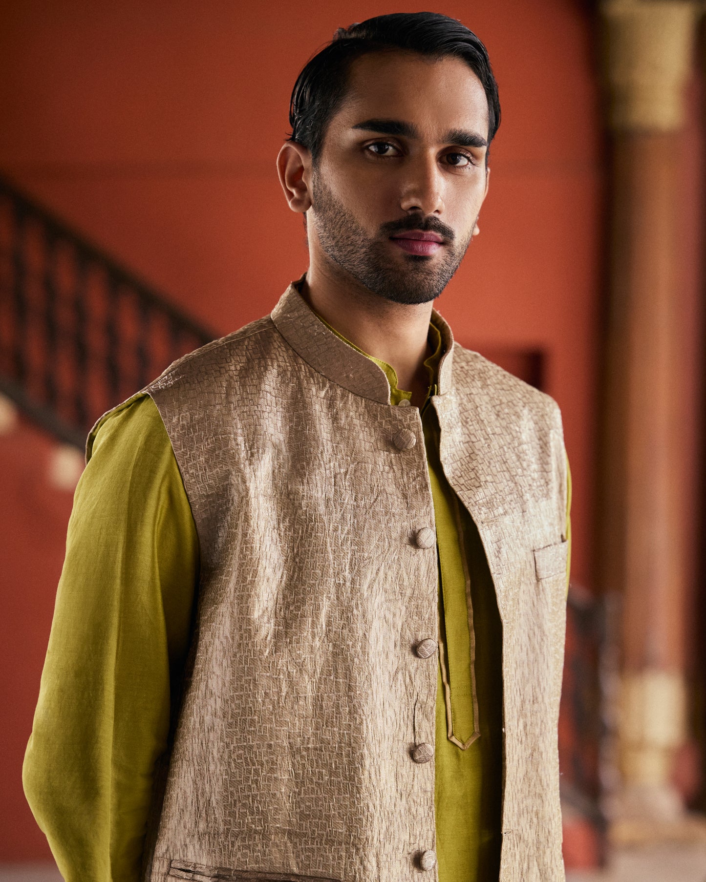 Silver Pure Tissue Brocade Bricks Motif Bandi- Green Hue