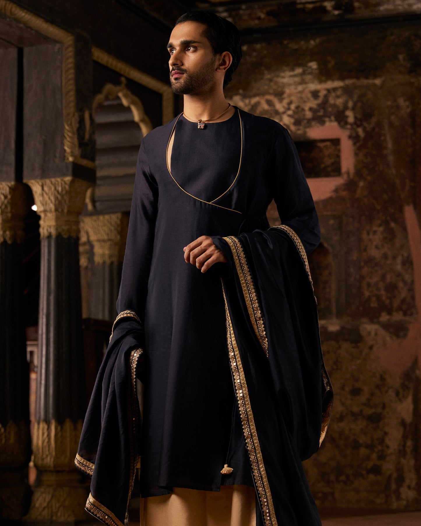 Midnight Blue Black Pure Chanderi Angrakha