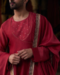 Red Pure Chanderi Lohi With Lace And Velvet Border