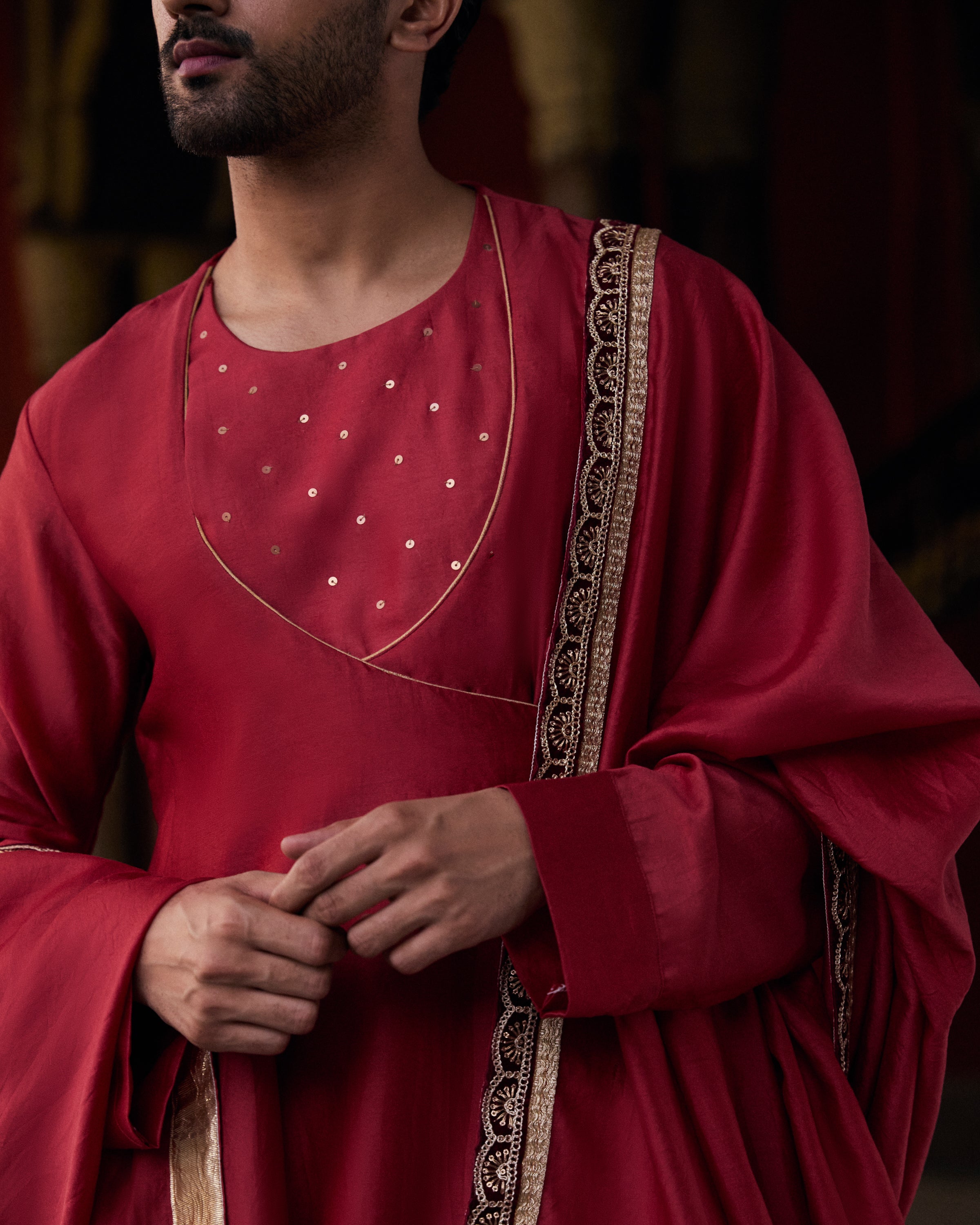 Red Pure Chanderi Lohi With Lace And Velvet Border