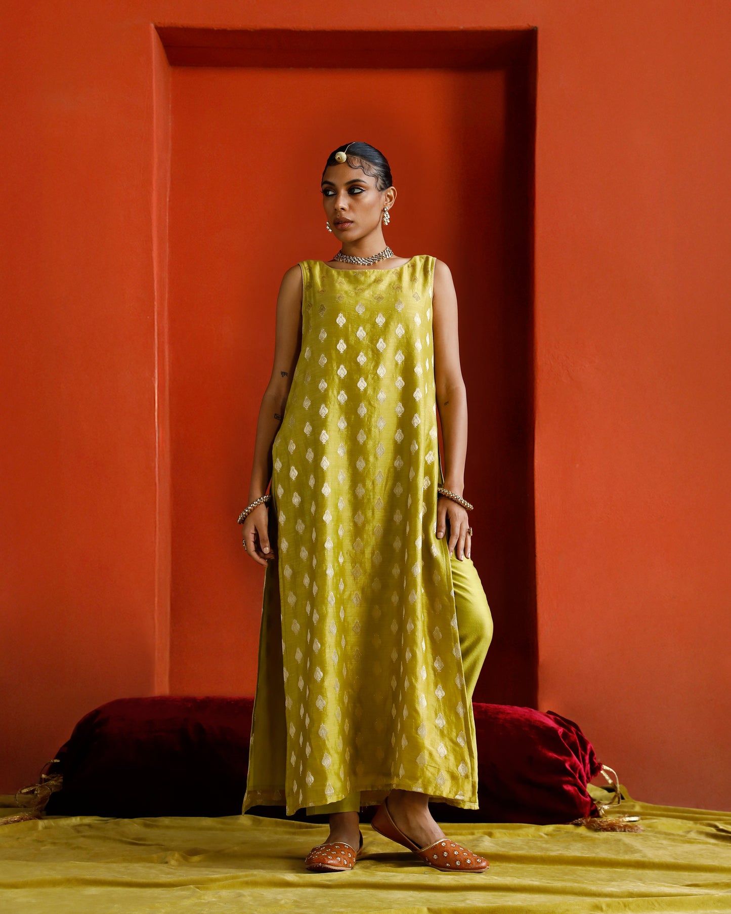 Green Pure Chanderi Tulip Zari Buta Kurta