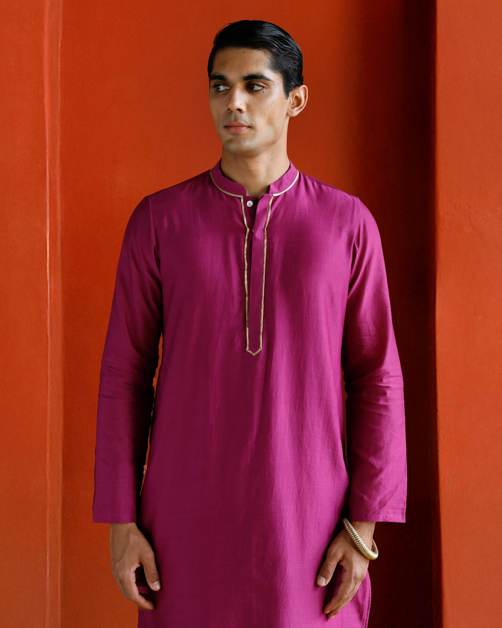 Pink Pure Chanderi Kurta With Gold Piping On Hidden Placket