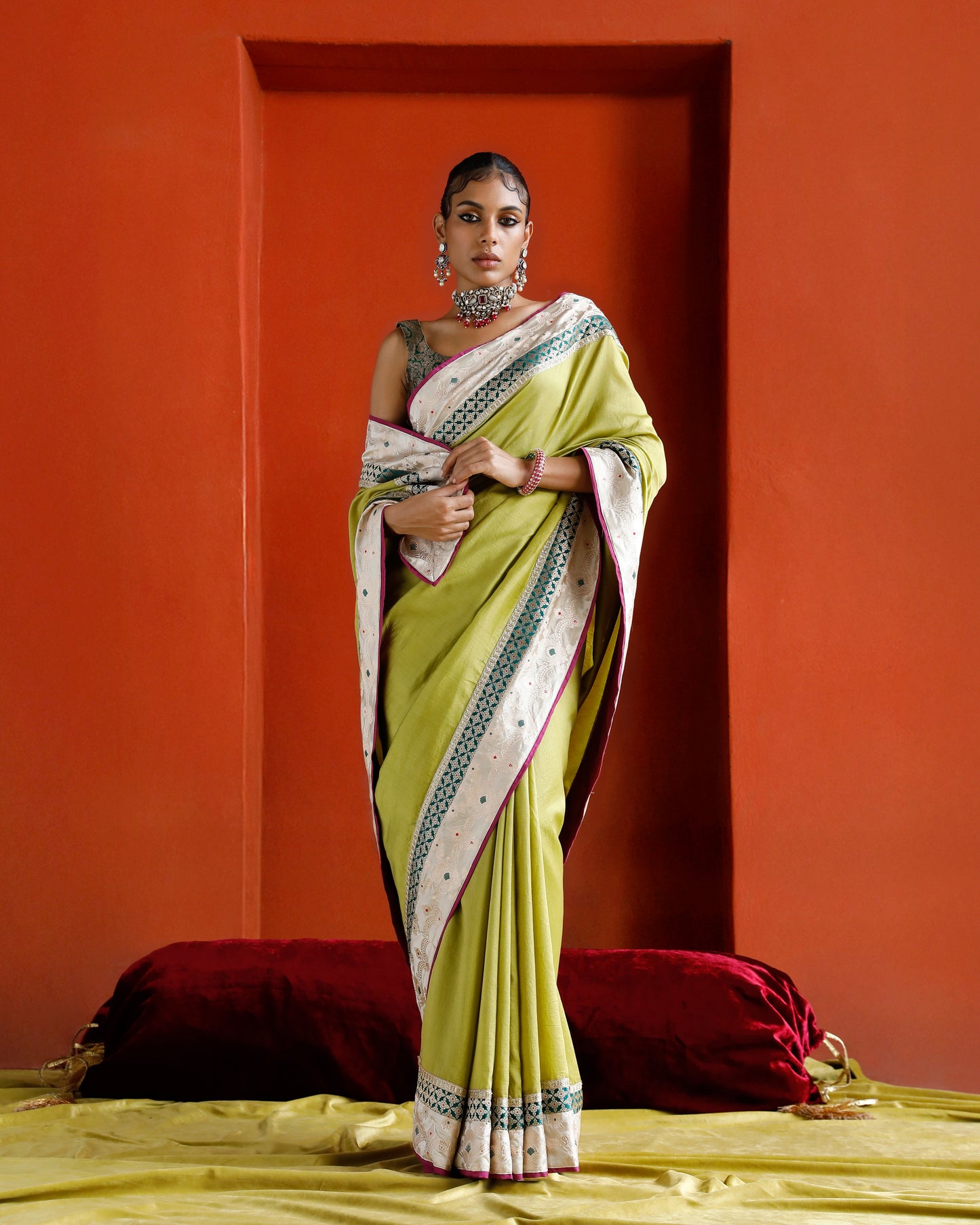 Green Pure Chanderi Saree With Pure Katan Silk Brocade Border