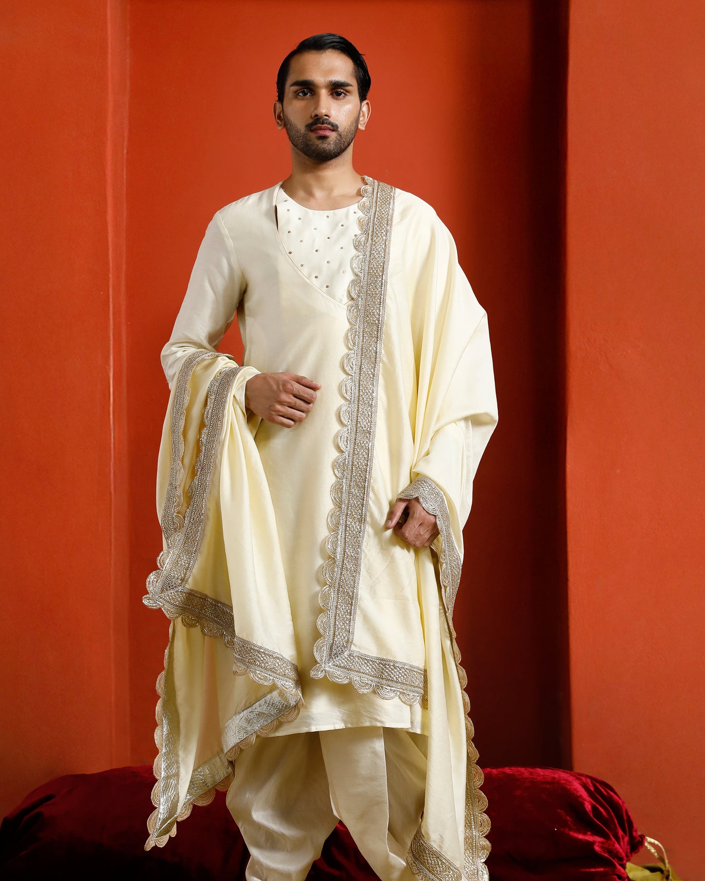 Off White Pure Chanderi Lohi With Lace Border